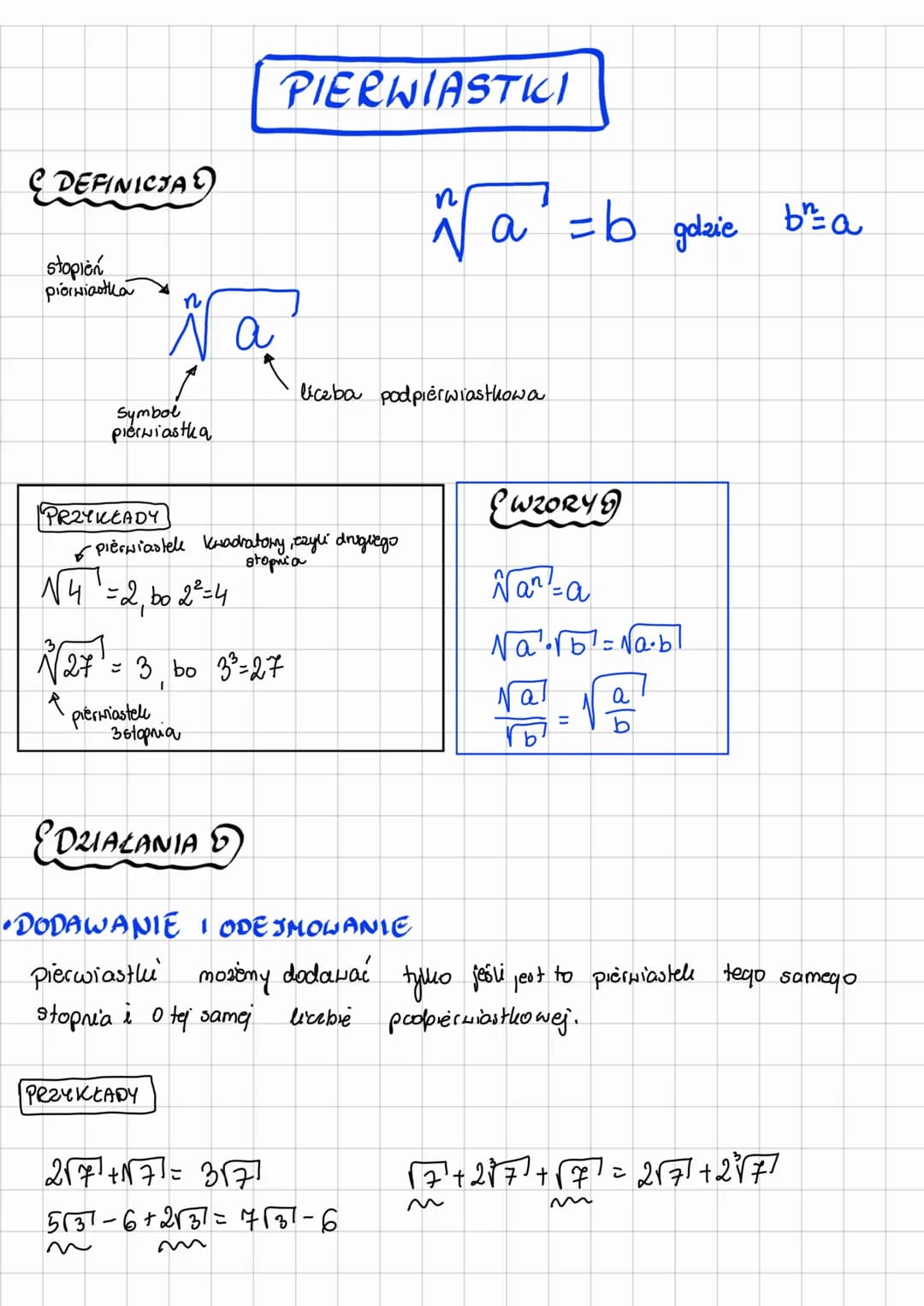 # DEFINICJA

# PIERWIASTKI

$\sqrt[n]{a} = b$ gdzie $b^n = a$

stopień
pierwiastka

$\sqrt[n]{a}$

liczba podpierwiastkowa

Symbol
pierwiast