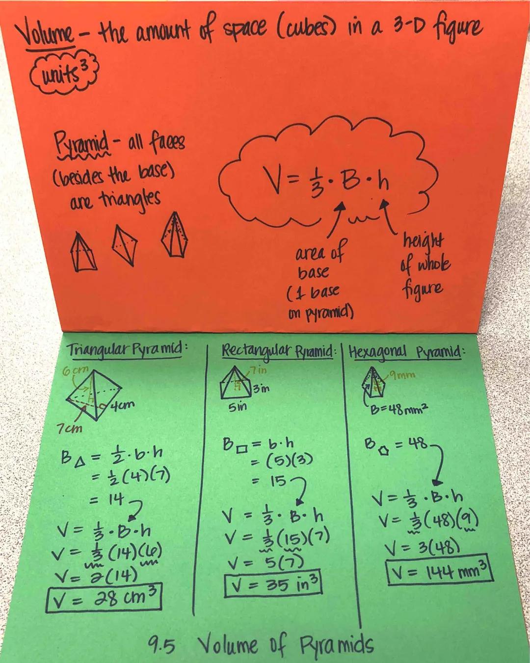 Volume - the amount of space (cubes) in a 3-D figure

units 33

Pyramid-all faces
(besides the base)
are triangles

♡♡♡

$V=\frac{1}{3}B.h$

