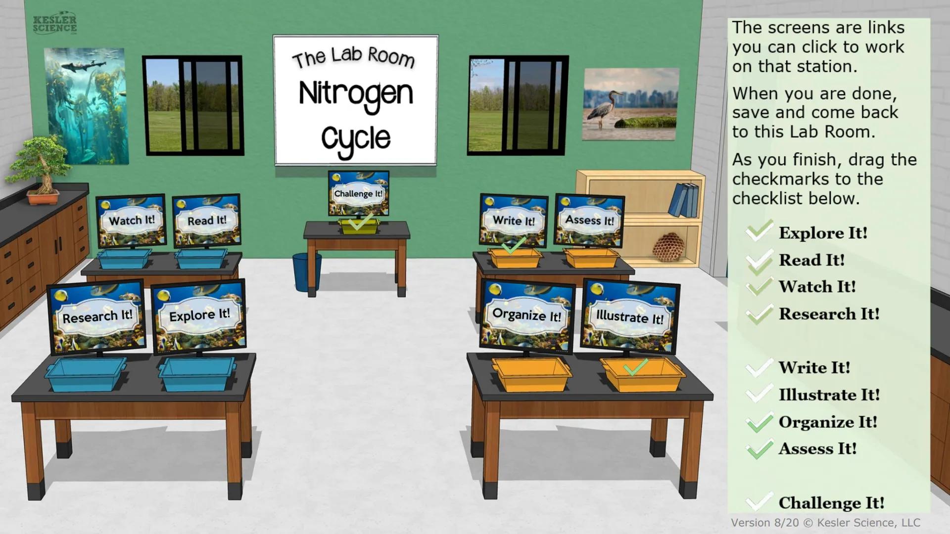 KESLER
SCIENCE

The Lab Room
Nitrogen
Cycle

Challenge It!

Watch It!
Read It!

Write It!
Assess It!

Research It!
Explore It!

Organize It!