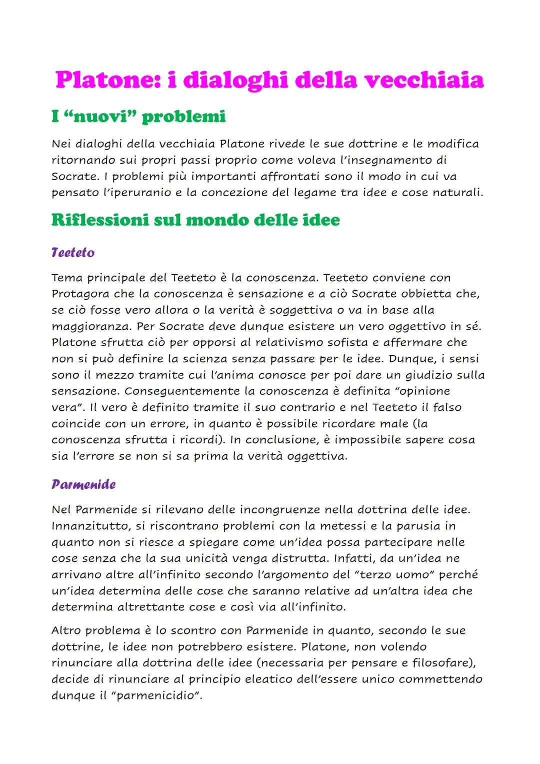 # Platone: i dialoghi della vecchiaia

## I "nuovi" problemi

Nei dialoghi della vecchiaia Platone rivede le sue dottrine e le modifica
rito