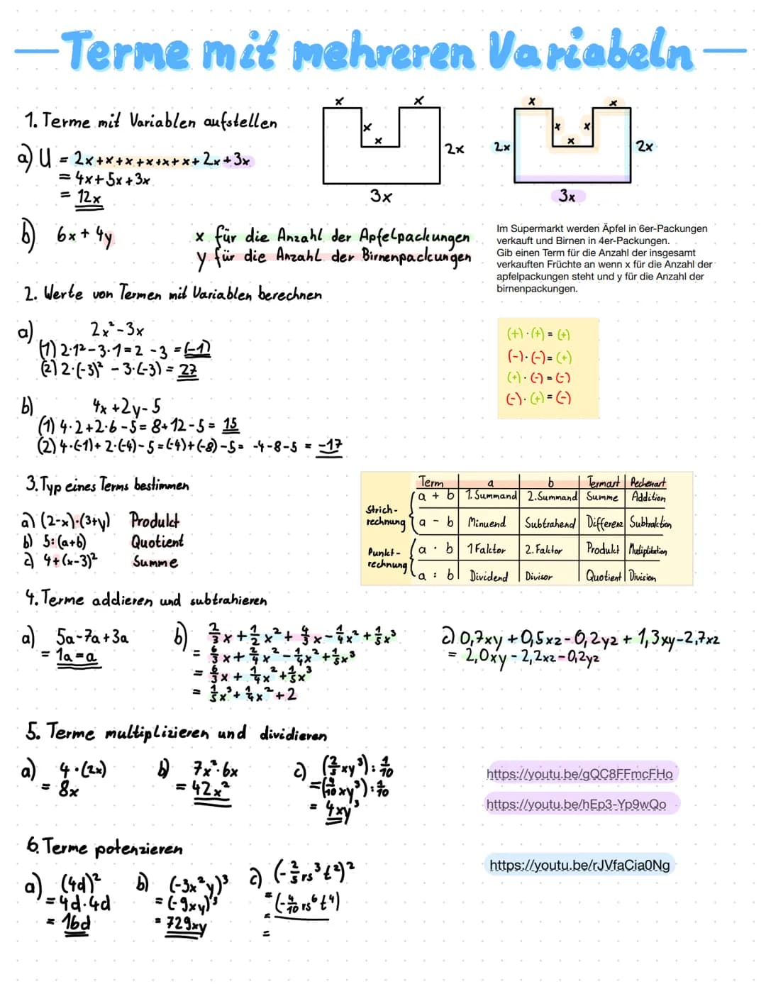 # -Terme mit mehreren Variabeln -

1. Terme mit Variablen aufstellen

a) U = 2x+x+x+x+x+x+2x+3x
=4x+5x+3x
= 12x

66x+4y

كك

3x

2x

x für d