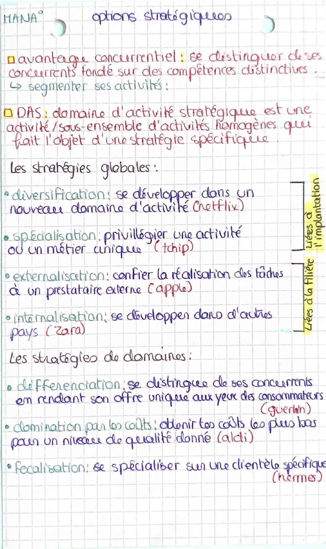 MANA

options stratégiques

avantage concurrentiel: se distinguor de ses
concurrents fondé sur des compétences distinctives.
→ segmenter ses