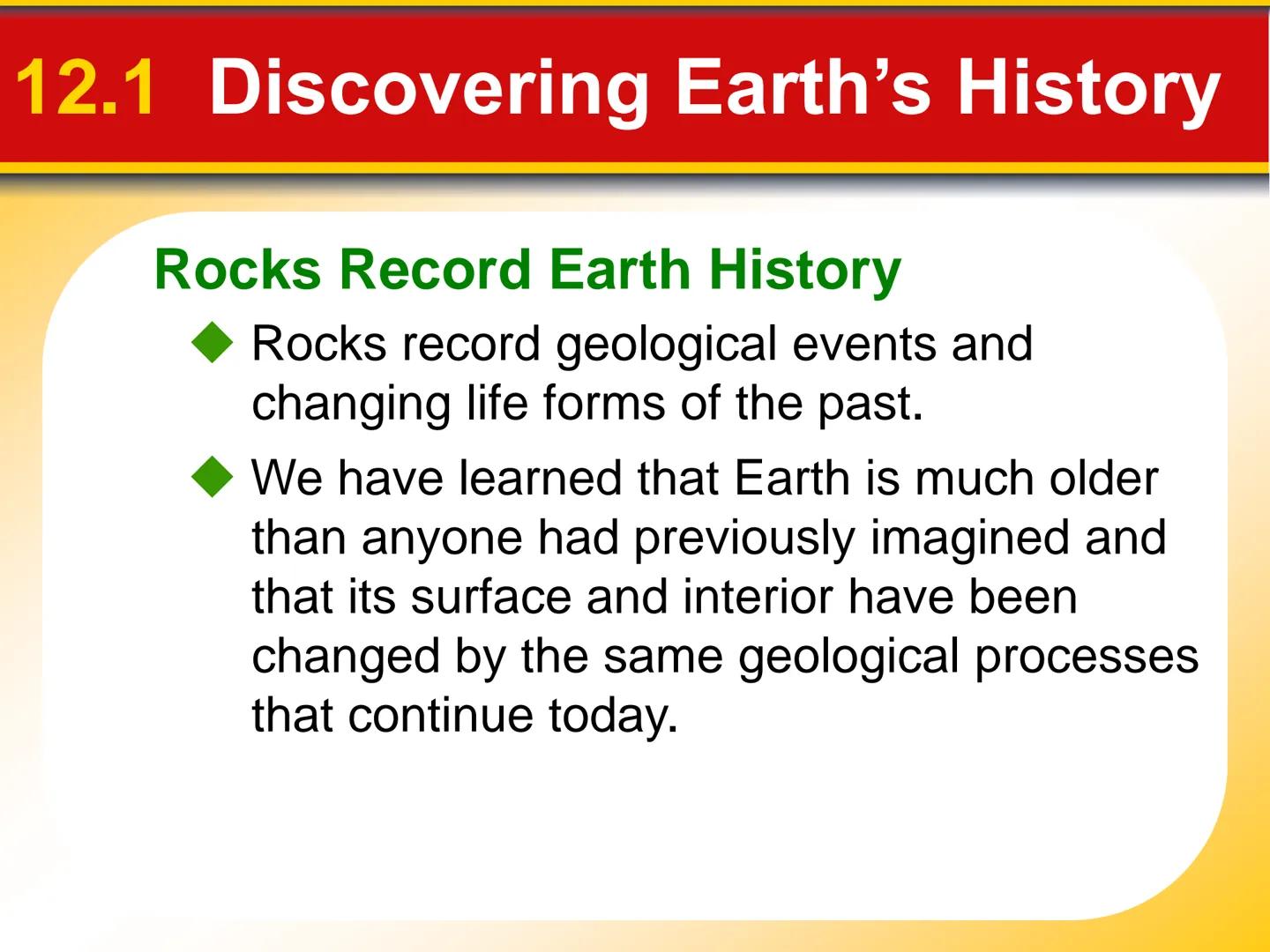 # Chapter

# 12 Geologic Time # 12.1 Discovering Earth's History

Rocks Record Earth History

*   Rocks record geological events and
changin