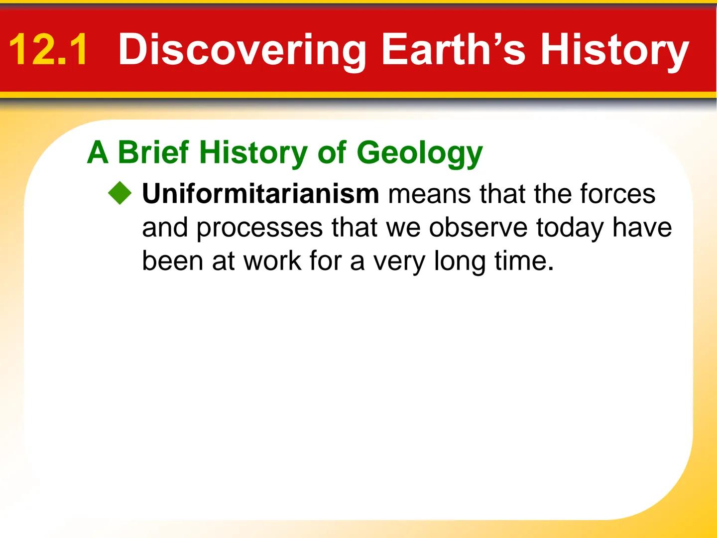# Chapter

# 12 Geologic Time # 12.1 Discovering Earth's History

Rocks Record Earth History

*   Rocks record geological events and
changin