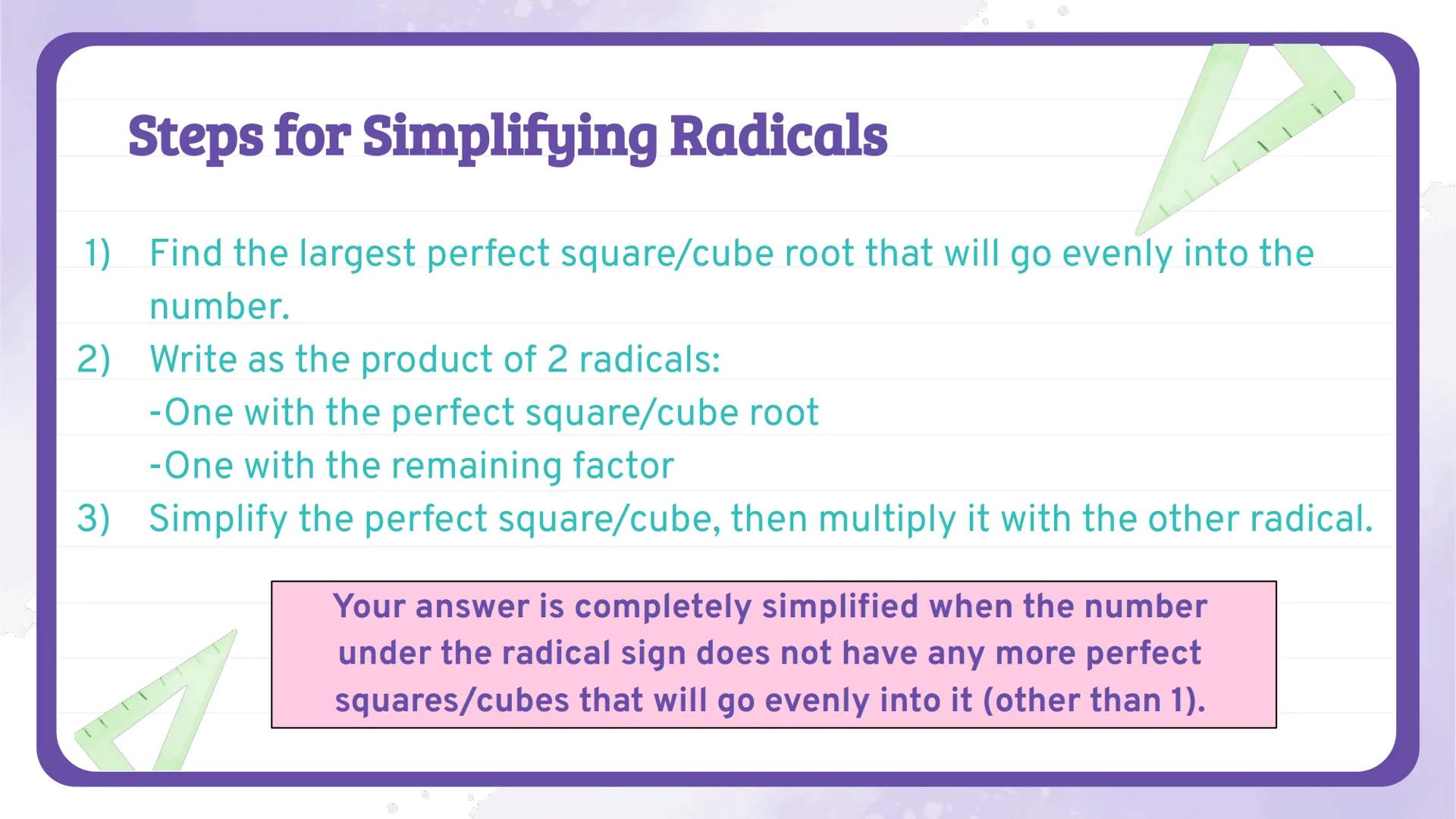 # Simplifying
# Radicals
## NOTES 📝

Algebra 1
Knowunity
@intellect Perfect Squares

$a \cdot a = a^2$

$\sqrt{a^2} = a$

$3 \cdot 3 = 3^2 