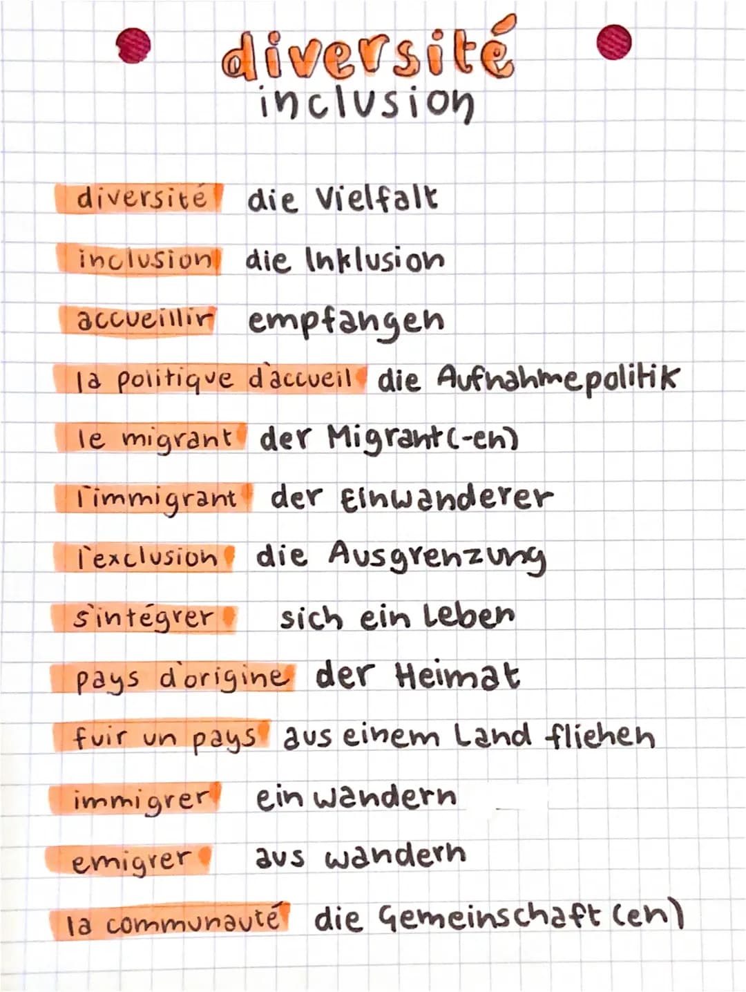 - • diversite
inclusion
- diversité die Vielfalt
- inclusion die Inklusion
- accueillir empfangen
- la politique d'accueil die Aufnahmepolit