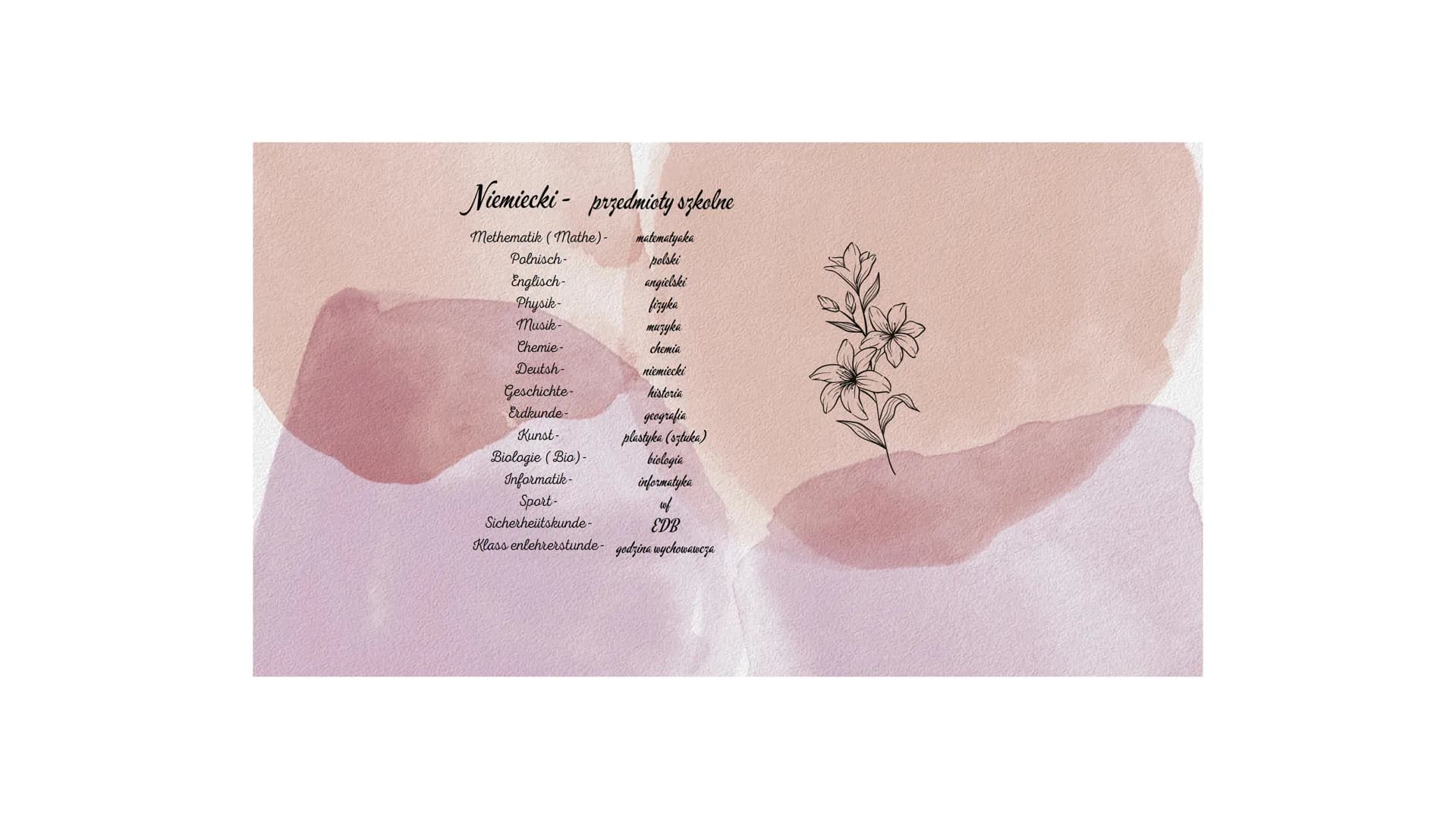 Niemiecki - przedmioty szkolne

Methematik (Mathe)-
matematyaka
Polnisch-
polski
Englisch-
angielski
Physik-
fizyka
Musik-
muzyka
Chemie-
ch