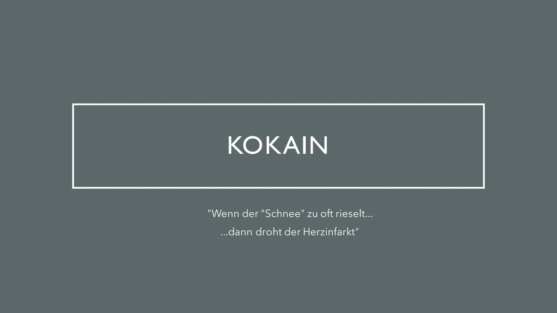 KOKAIN

"Wenn der "Schnee" zu oft rieselt...
...dann droht der Herzinfarkt" INHALTSVERZEICHNIS

Herkunft und
Fakten der Droge

Wirkung im
Ne