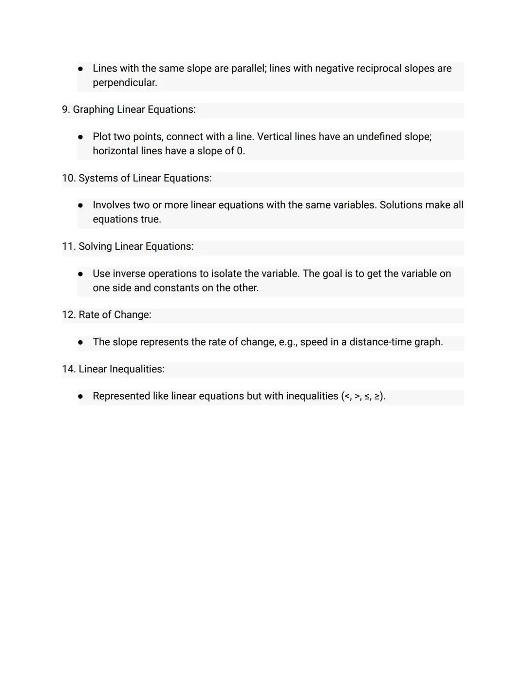 Linear Equations:

1. Definition:

- A linear equation is an algebraic equation of the first degree, involving variables
raised to the power