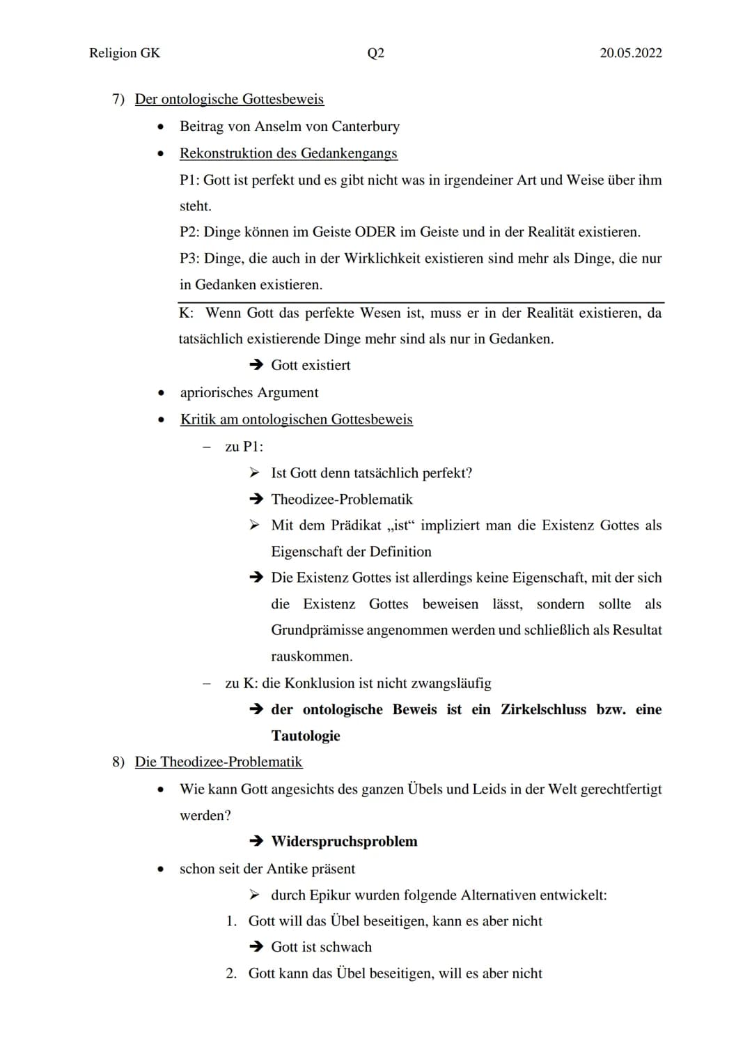 Religion GK

Q2

20.05.2022

Religionsklausur Nr.4

Themen:

- Gottesbeweise

- Theodizee-Problematik

1) Was ist ein Beweis?

*   Definitio