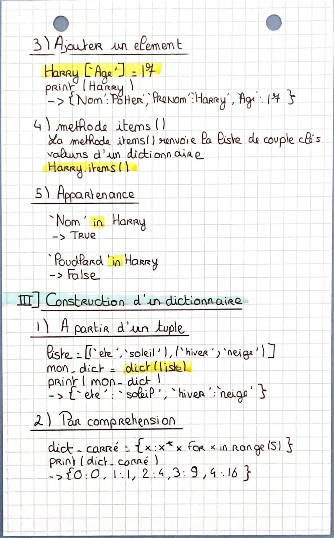 NSI
les dictiomaires

I] Definition

che
pleue
syntaxe: Harry = {"Nom":"Potter","Prenom","Harry"}
kype: dic
pour creer un dictionnaire vide: