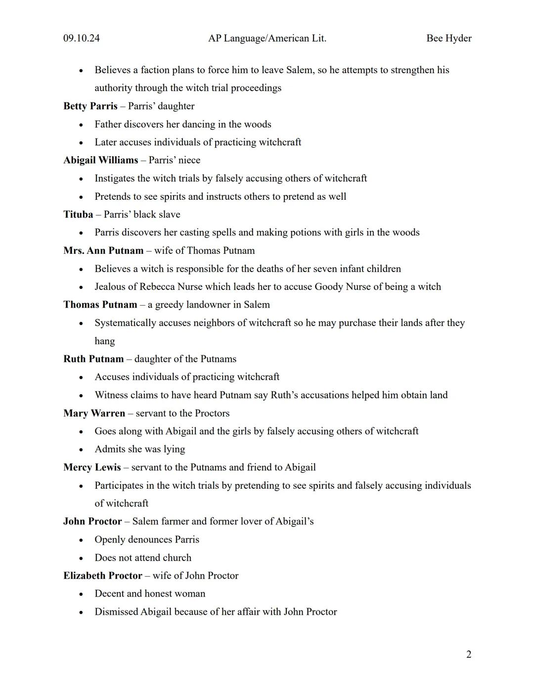 09.10.24
AP Language/American Lit.
Bee Hyder

# THE CRUCIBLE

Arthur Miller

# Context

Historical Context:

1.  Salem Witch Trials: The pla