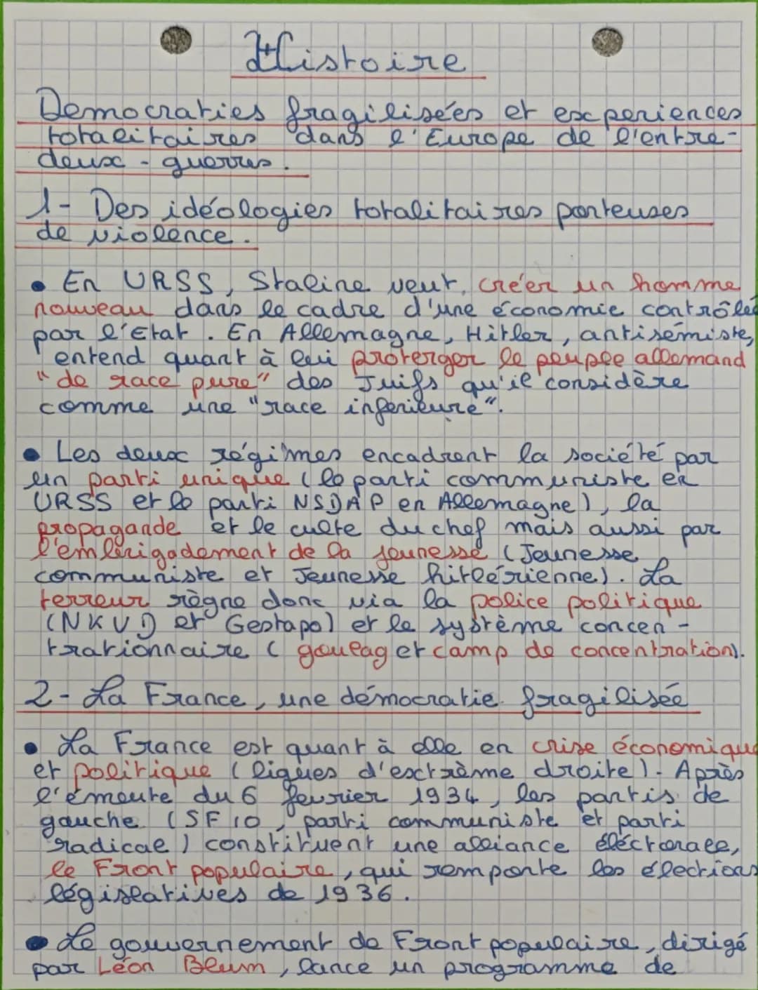 # Histoire

Democraties fragilisées et experiences
totalitaires dans l'Europe de l'entre-
deusx - guerres.

1- Des idéologies totalitaires p