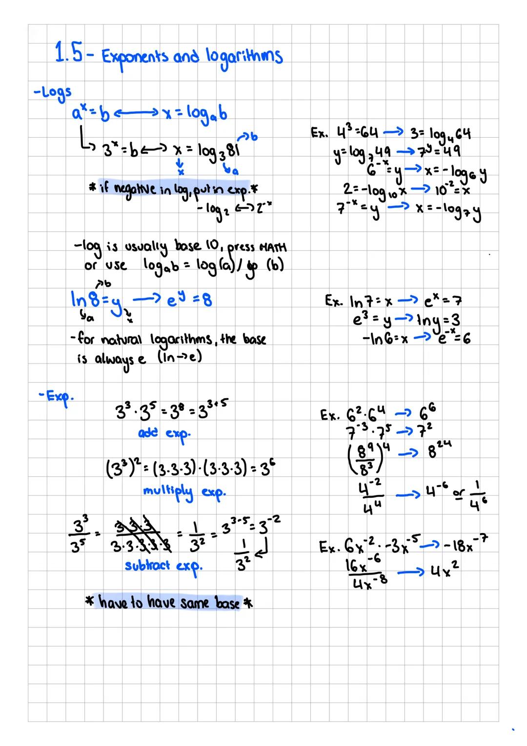 1.  5- Exponents and logarithms
-Logs
$a^x = b \longrightarrow x = log_a b$
$
3^x = b \longrightarrow x = log_3 81$

* if negative in log, p