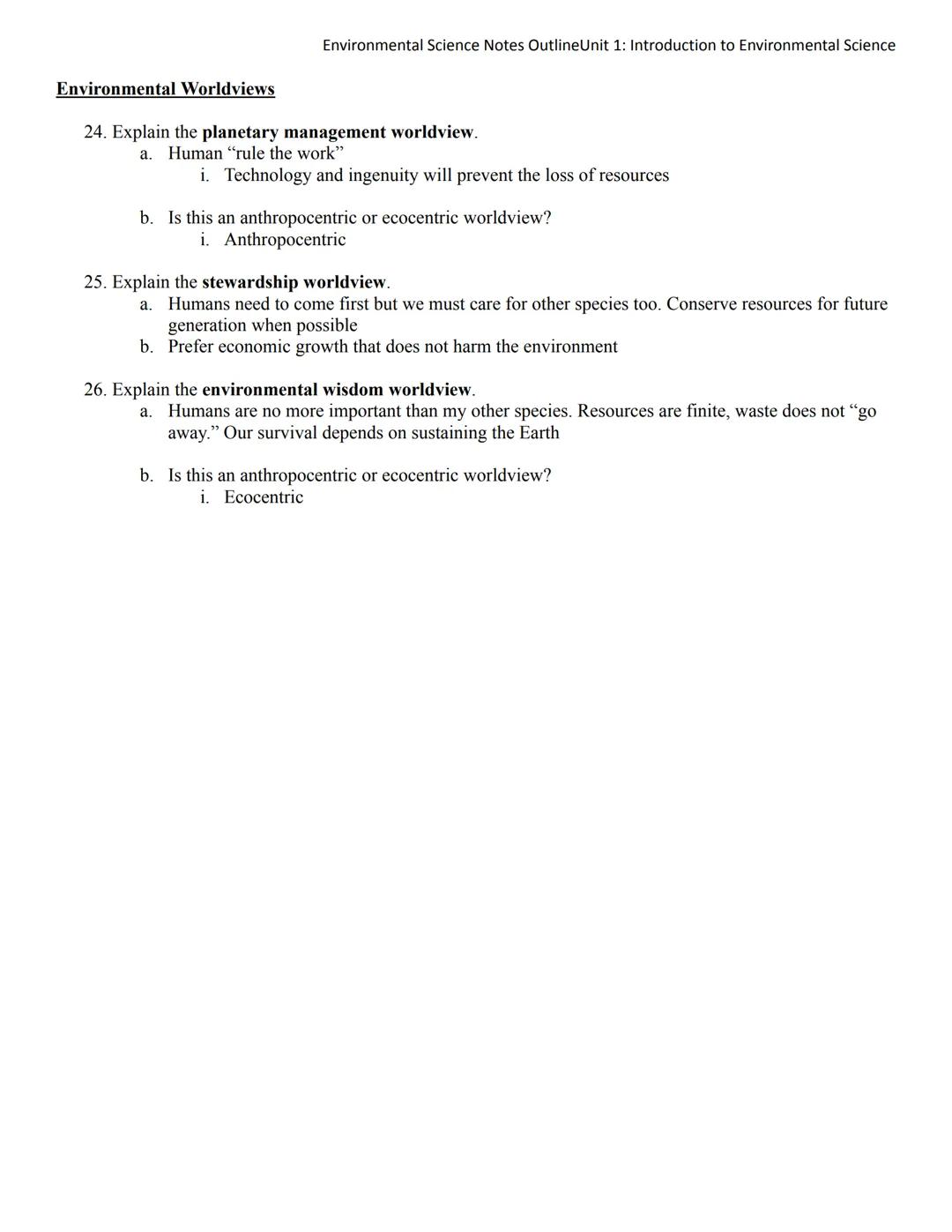 Environmental Science Notes OutlineUnit 1: Introduction to Environmental Science

Introduction to Environmental Science

1. What is environm