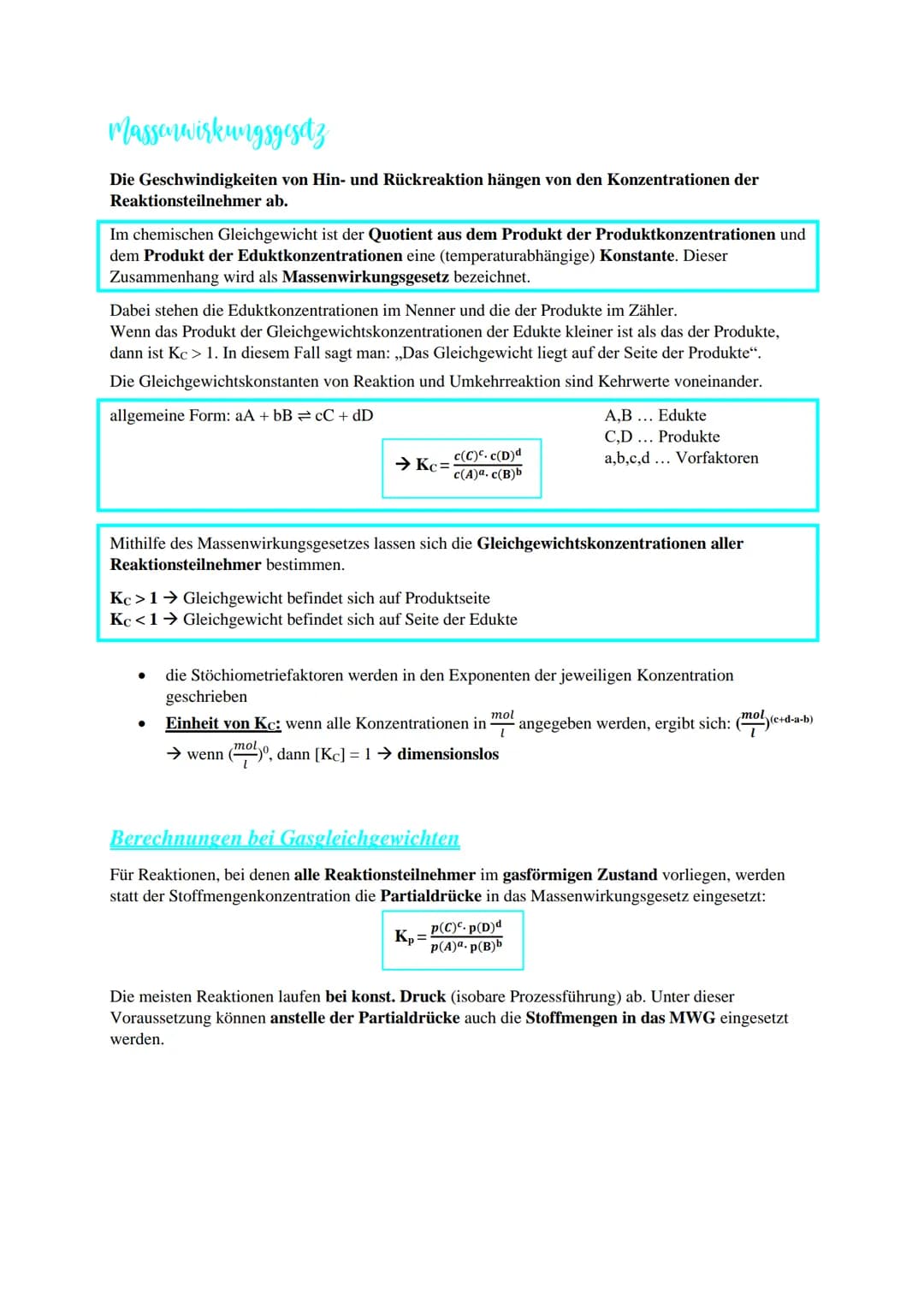 # Chemisches Gleichgewicht

Merkmale

- unvollständiger Stoffumsatz
- Hin- und Rückreaktion laufen gleichzeitig (und ungehemmt) ab
- Reaktio