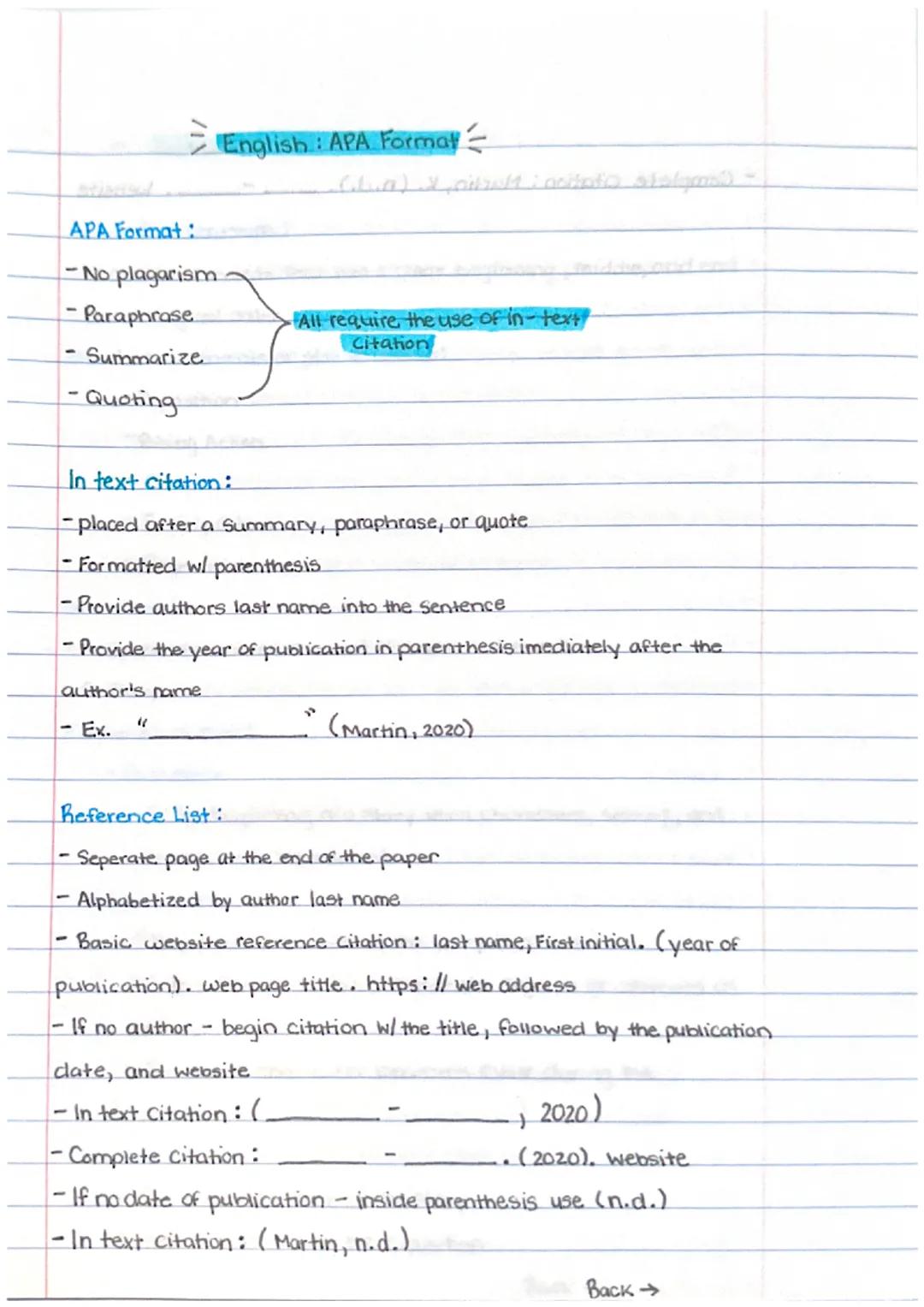 English: APA Format

APA Format:
-No plagarism
-Paraphrase
-Summarize
-Quoting

In text citation:
-placed after a Summary, paraphrase, or qu