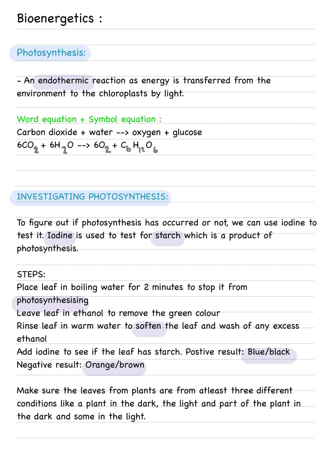 Bioenergetics :

Photosynthesis:

- An endothermic reaction as energy is transferred from the
environment to the chloroplasts by light.

Wor