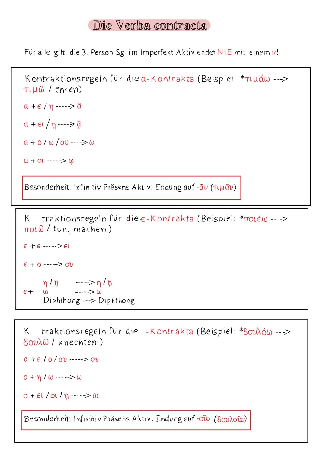 # Die Verba contracta

Für alle gilt: die 3. Person Sg. im Imperfekt Aktiv endet NIE mit einem v!

Kontraktionsregeln für die a-Kontrakta (B