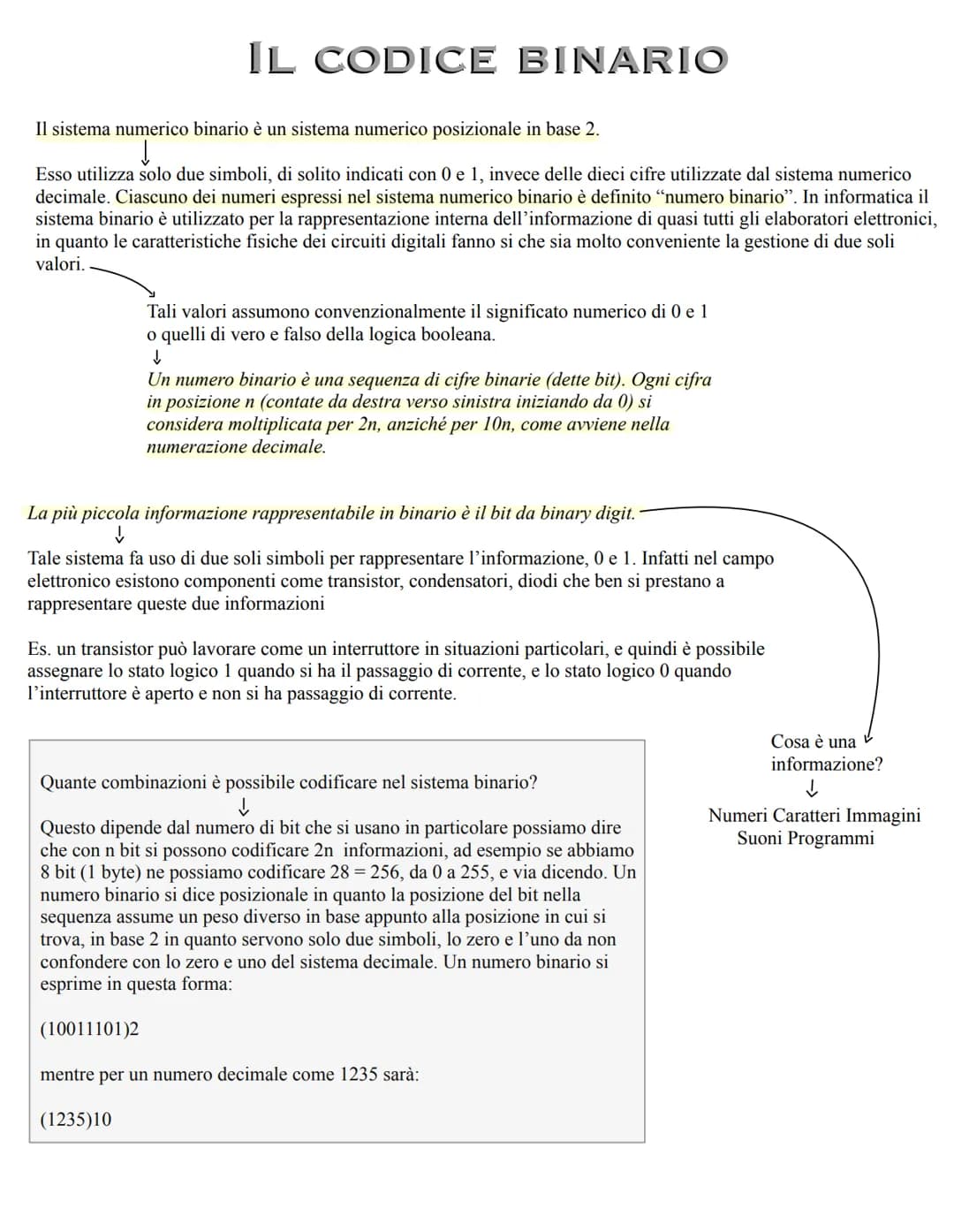 # IL CODICE BINARIO

Il sistema numerico binario è un sistema numerico posizionale in base 2.
↑
Esso utilizza solo due simboli, di solito in