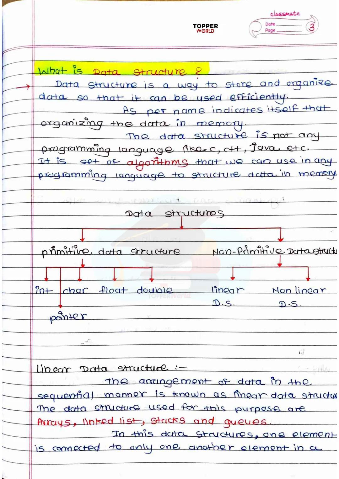 # TOPPER
WORLD

# DSA

# HANDWRITTEN

# NOTES

Prepared By: TOPPERWORLD
LEARN & GROW classmate
TOPPER
WORLD
Date
Page

# INDEX

| Sr.No. | T