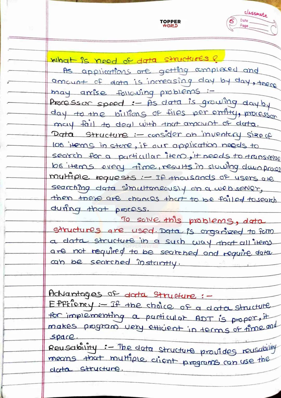 # TOPPER
WORLD

# DSA

# HANDWRITTEN

# NOTES

Prepared By: TOPPERWORLD
LEARN & GROW classmate
TOPPER
WORLD
Date
Page

# INDEX

| Sr.No. | T