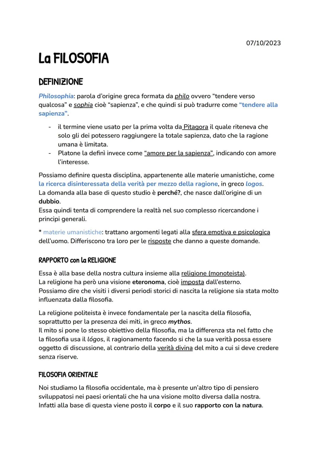 07/10/2023

# La FILOSOFIA

## DEFINIZIONE

*Philosophia*: parola d'origine greca formata da *philo* ovvero "tendere verso
qualcosa" e *soph