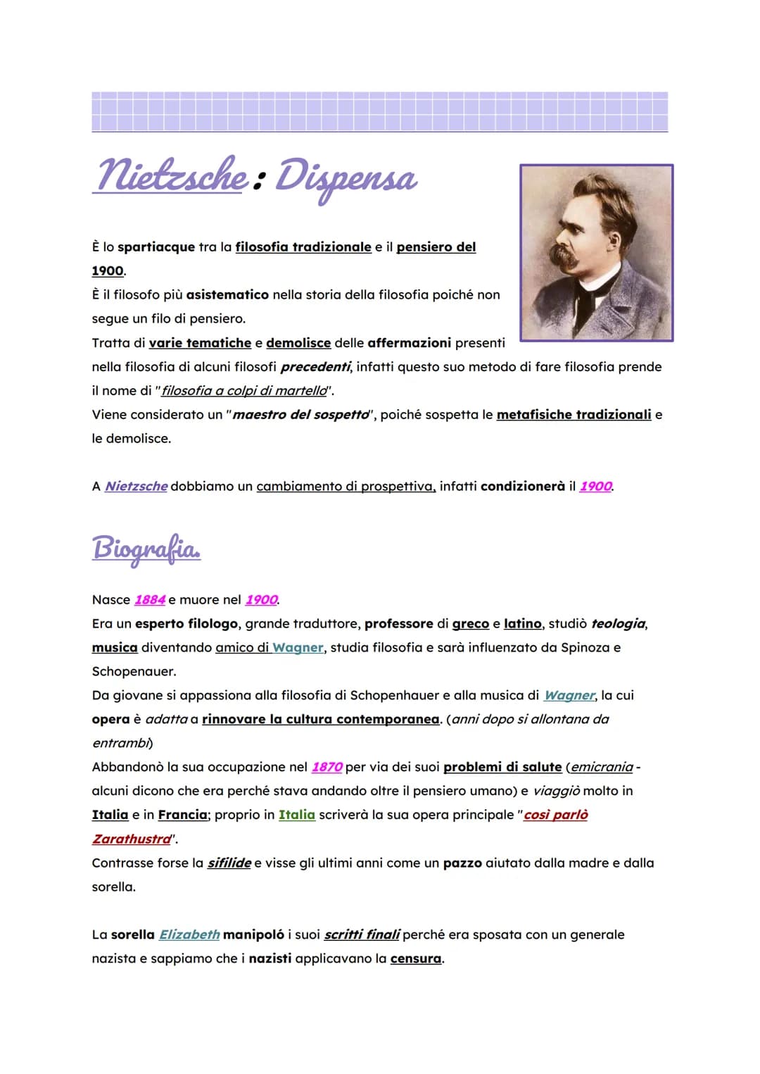 
<h2>Introduzione</h2>
<p>Friedrich Nietzsche è considerato uno spartiacque tra la filosofia tradizionale e il pensiero del 1900. Il suo met