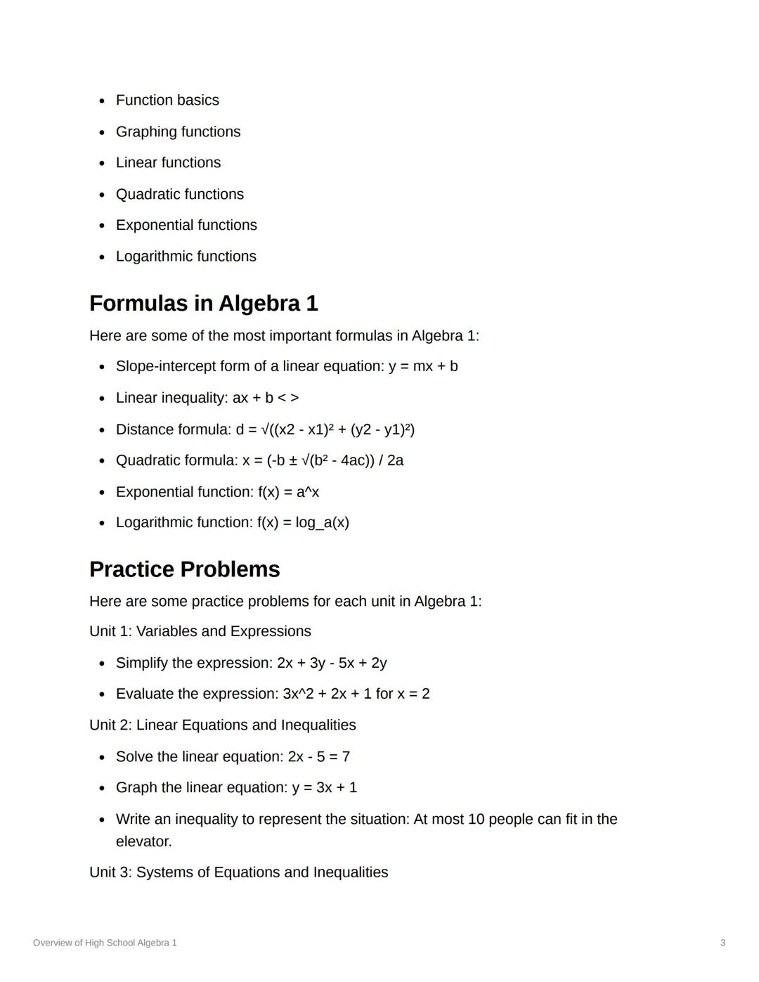 # Overview of High School Algebra

1

Algebra 1 is a foundational math course that introduces
students to the basic concepts of algebra. The