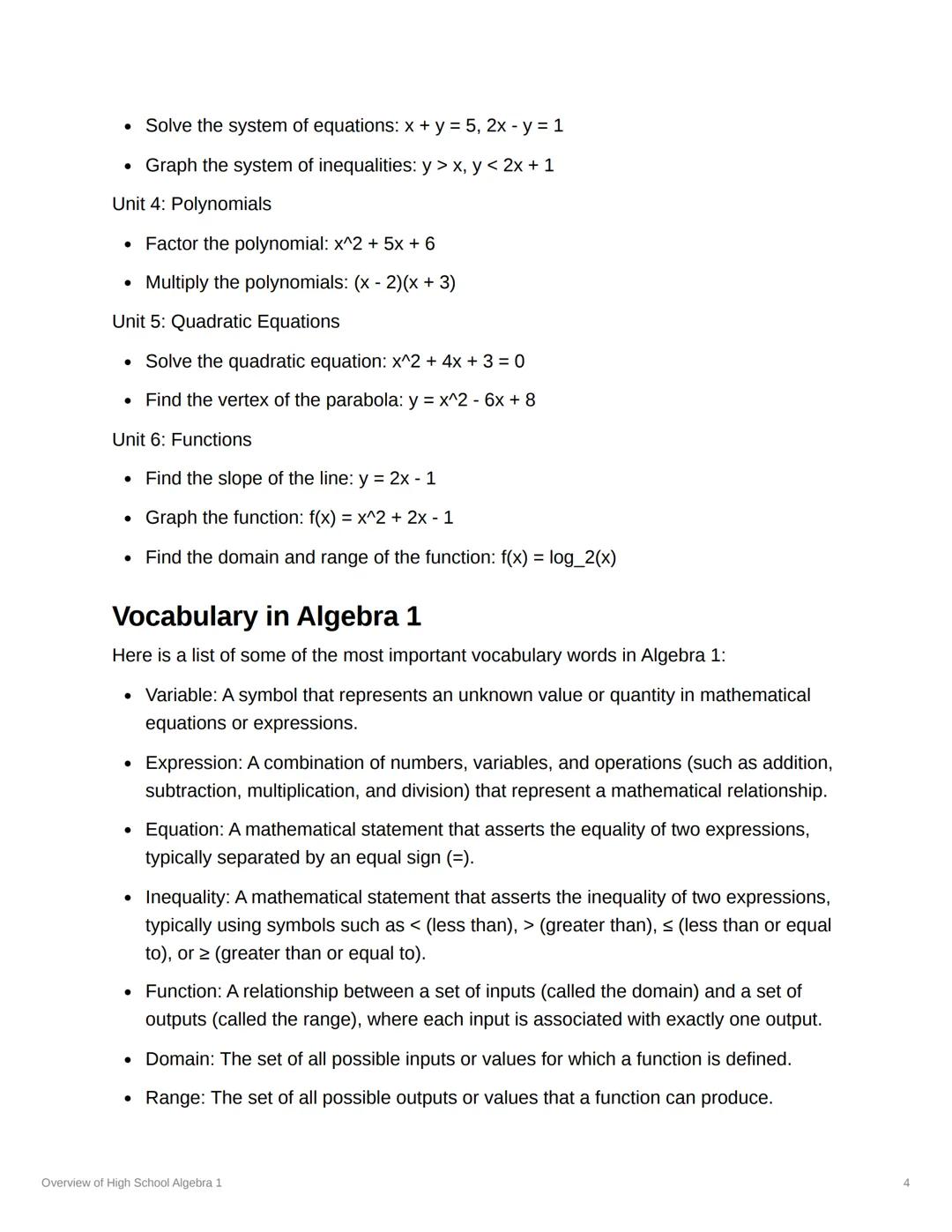 # Overview of High School Algebra

1

Algebra 1 is a foundational math course that introduces
students to the basic concepts of algebra. The
