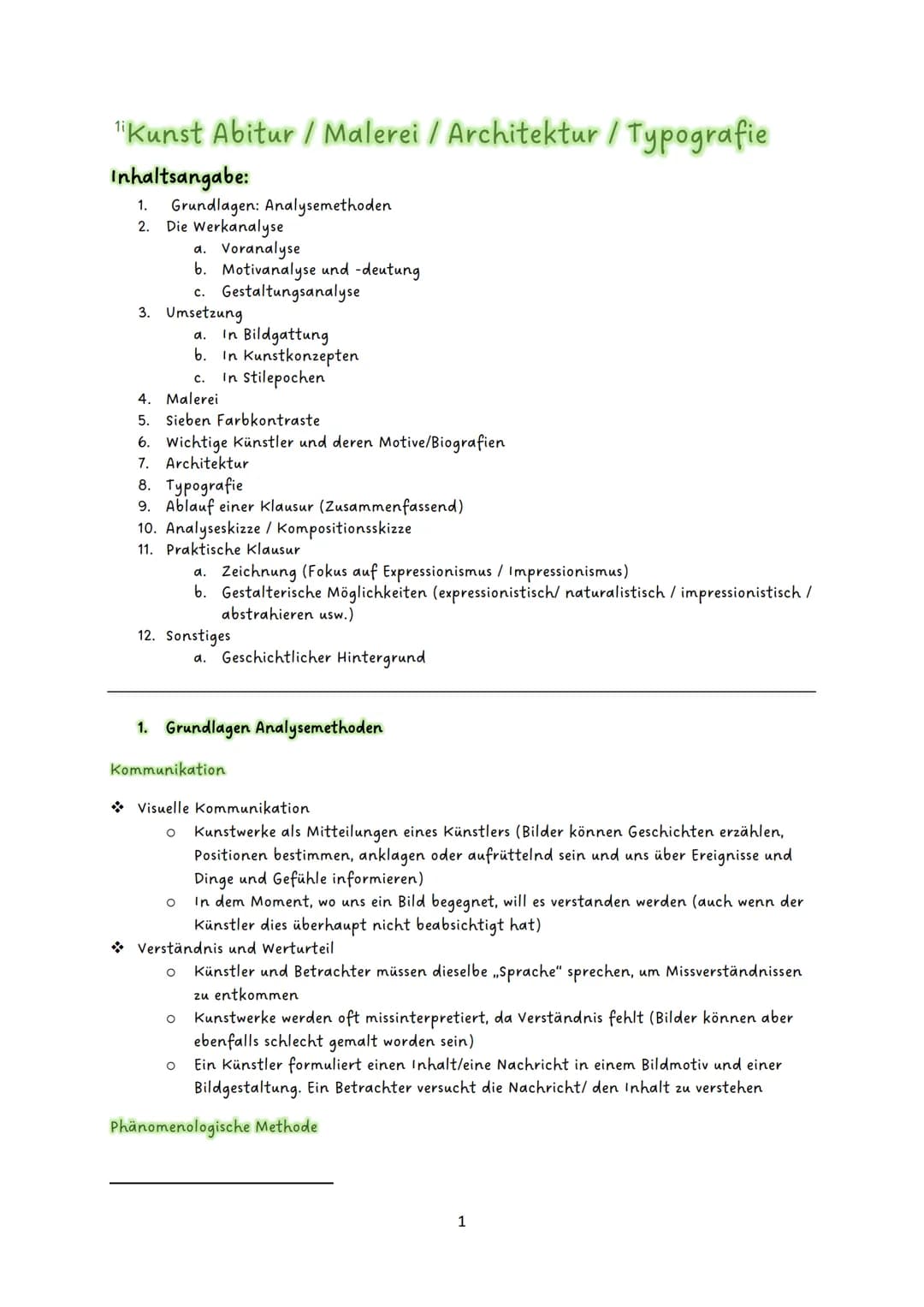 # Kunst Abitur / Malerei / Architektur / Typografie

Inhaltsangabe:

1.  Grundlagen: Analysemethoden
2.  Die Werkanalyse
    a. Voranalyse
 