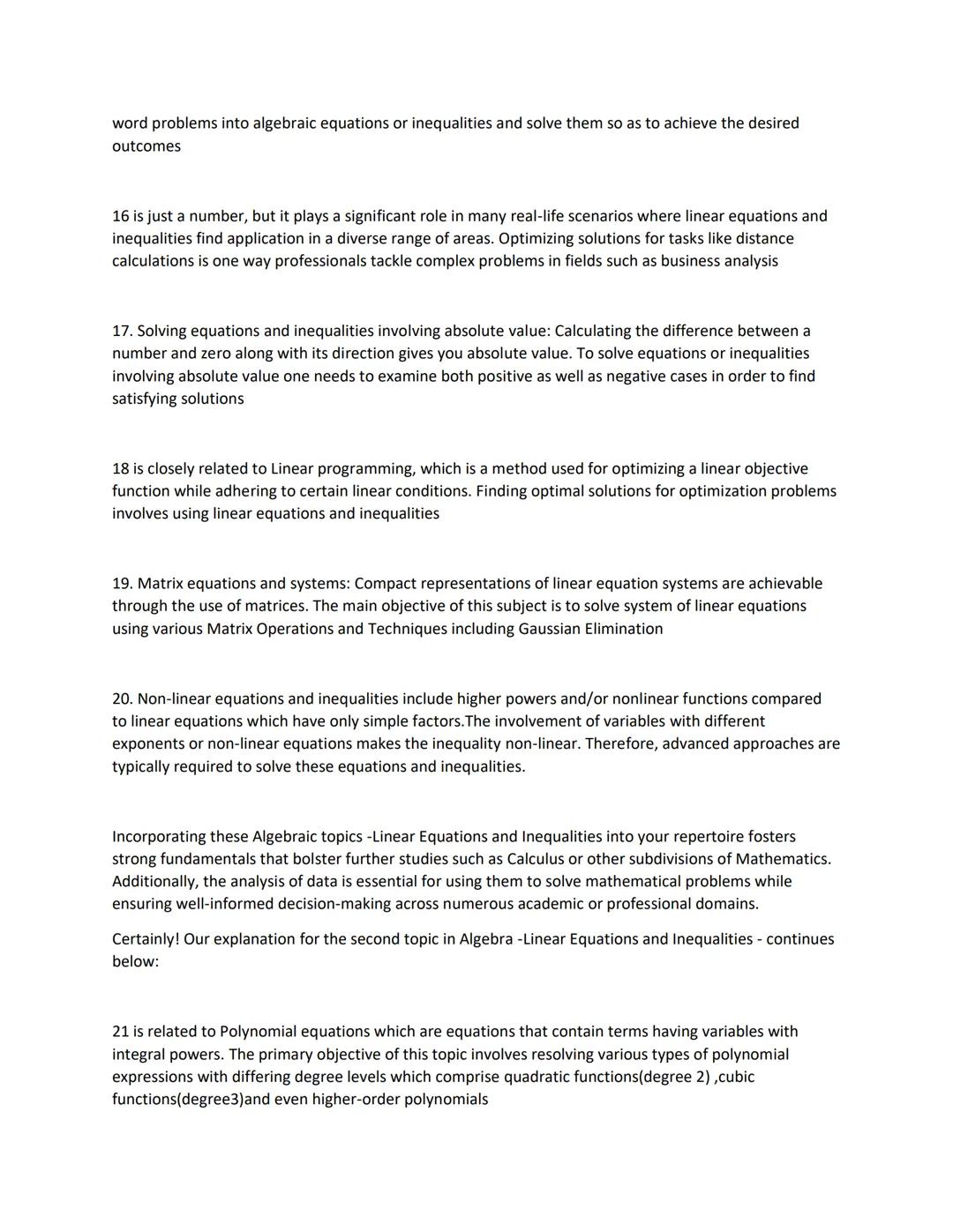 The second topic focuses on Linear Equations and Inequalities within Algebra. To be proficient in Algebra
one must understand fundamental co