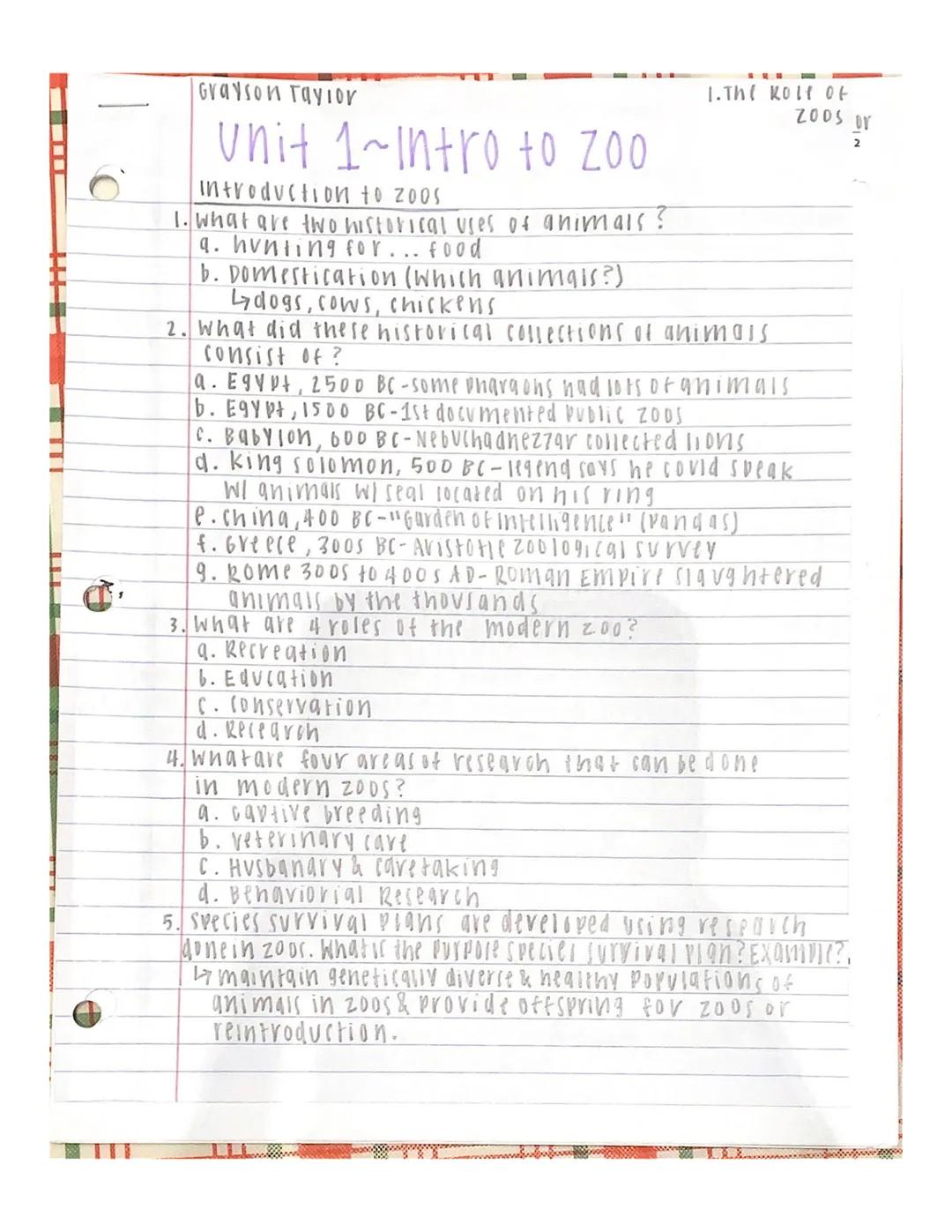 Grayson Tayior

Unit 1~Intro to zoo

introduction to zoos
1. What are two historical uses of animals?
a. hunting for... food
b. Domesticatio