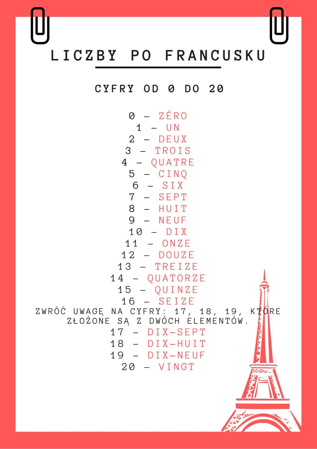 @
@
# LICZBY PO FRANCUSKU

## CYFRY OD O DO 20

- 0 - ZÉRO
- 1 - UN
- 2 - DEUX
- 3 - TROIS
- 4 - QUATRE
- 5 - CINQ
- 6 - SIX
- 7 - SEPT
- 8 