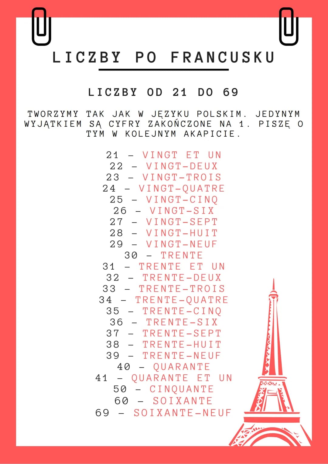 @
@
# LICZBY PO FRANCUSKU

## CYFRY OD O DO 20

- 0 - ZÉRO
- 1 - UN
- 2 - DEUX
- 3 - TROIS
- 4 - QUATRE
- 5 - CINQ
- 6 - SIX
- 7 - SEPT
- 8 