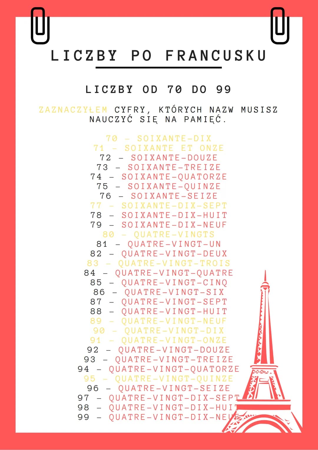 @
@
# LICZBY PO FRANCUSKU

## CYFRY OD O DO 20

- 0 - ZÉRO
- 1 - UN
- 2 - DEUX
- 3 - TROIS
- 4 - QUATRE
- 5 - CINQ
- 6 - SIX
- 7 - SEPT
- 8 