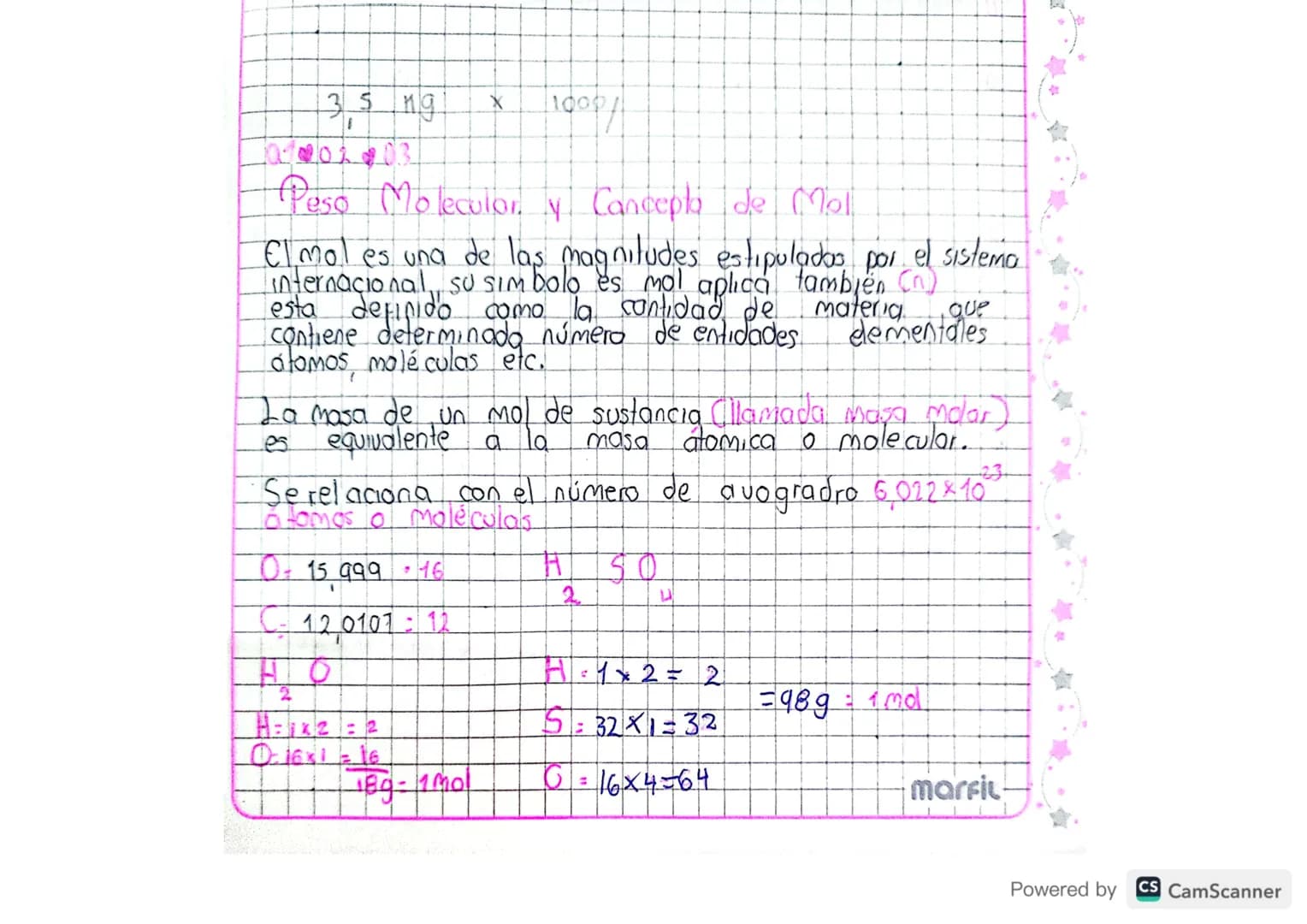 3,5 ng
X
1000/
000203
Peso Molecular, y Cancepla de Mol
El mol es una de las magnitudes estipulados por el sistema
internacional su simbolo 