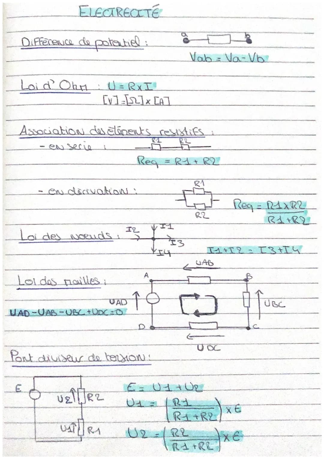 # ELECTRECITE

Difference de potentiel:

$Vab = Va-Vb$

Loid Ohm: $U=R \times I$

$[v]=[\Omega] \times [A]$

Association des éléments resist