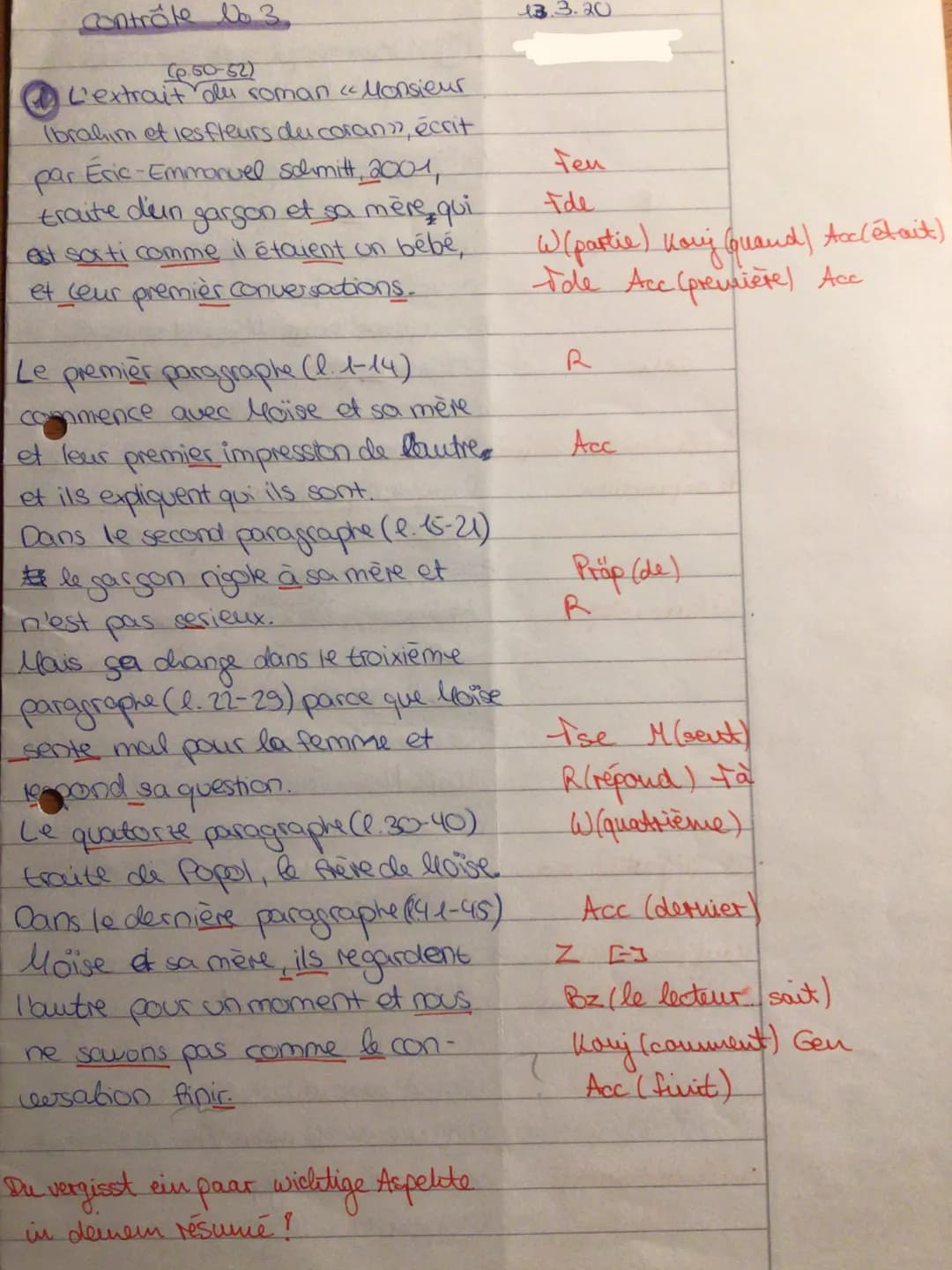 Jahrgangsstufe EF F G
Contrôle No. 3
12/03/2020
Sujet: <<Monsieur Ibrahim et les fleurs du Coran» Éric-Emmanuel Schmitt (2001), p. 50-52.

A