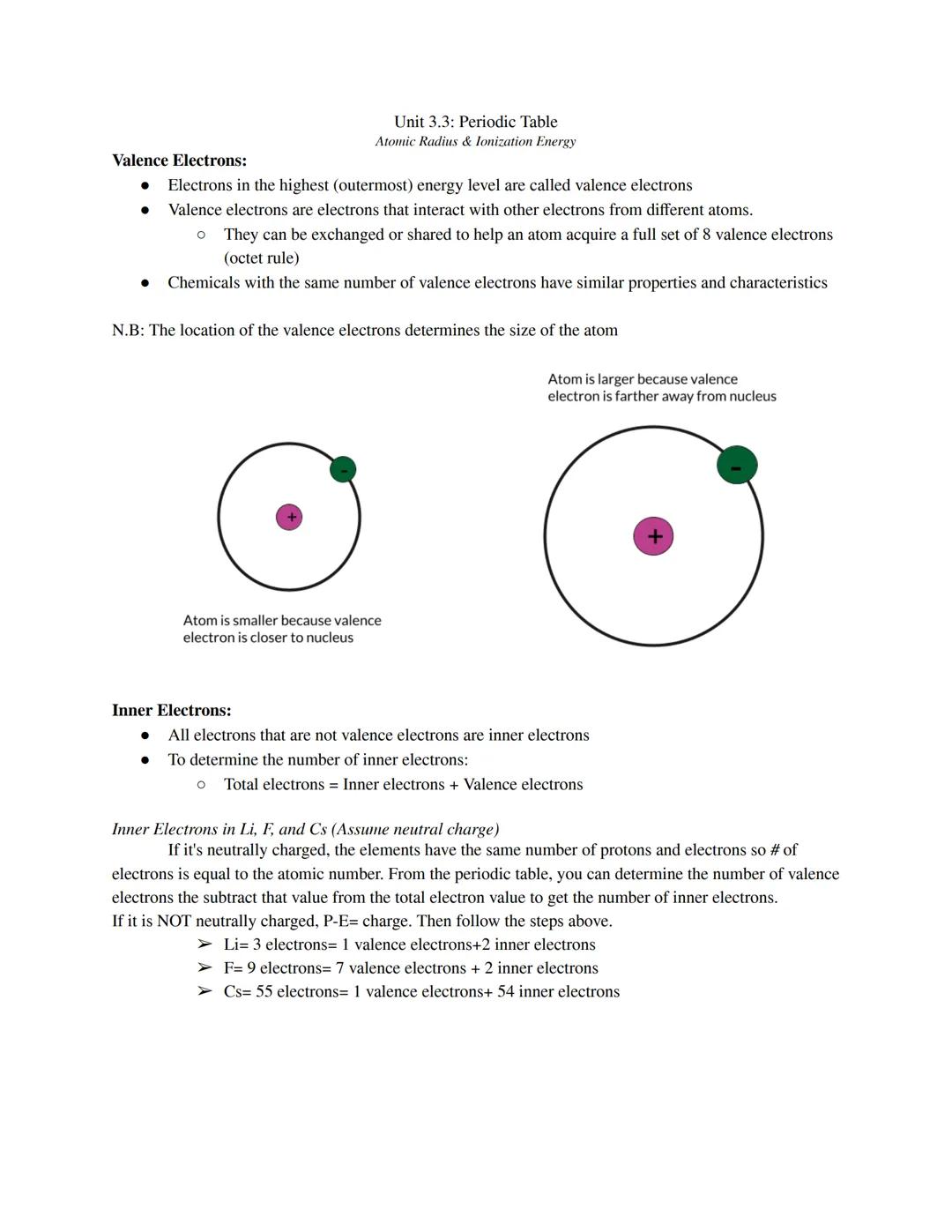 Unit 3.3: Periodic Table
Atomic Radius & lonization Energy

Valence Electrons:
*   Electrons in the highest (outermost) energy level are cal