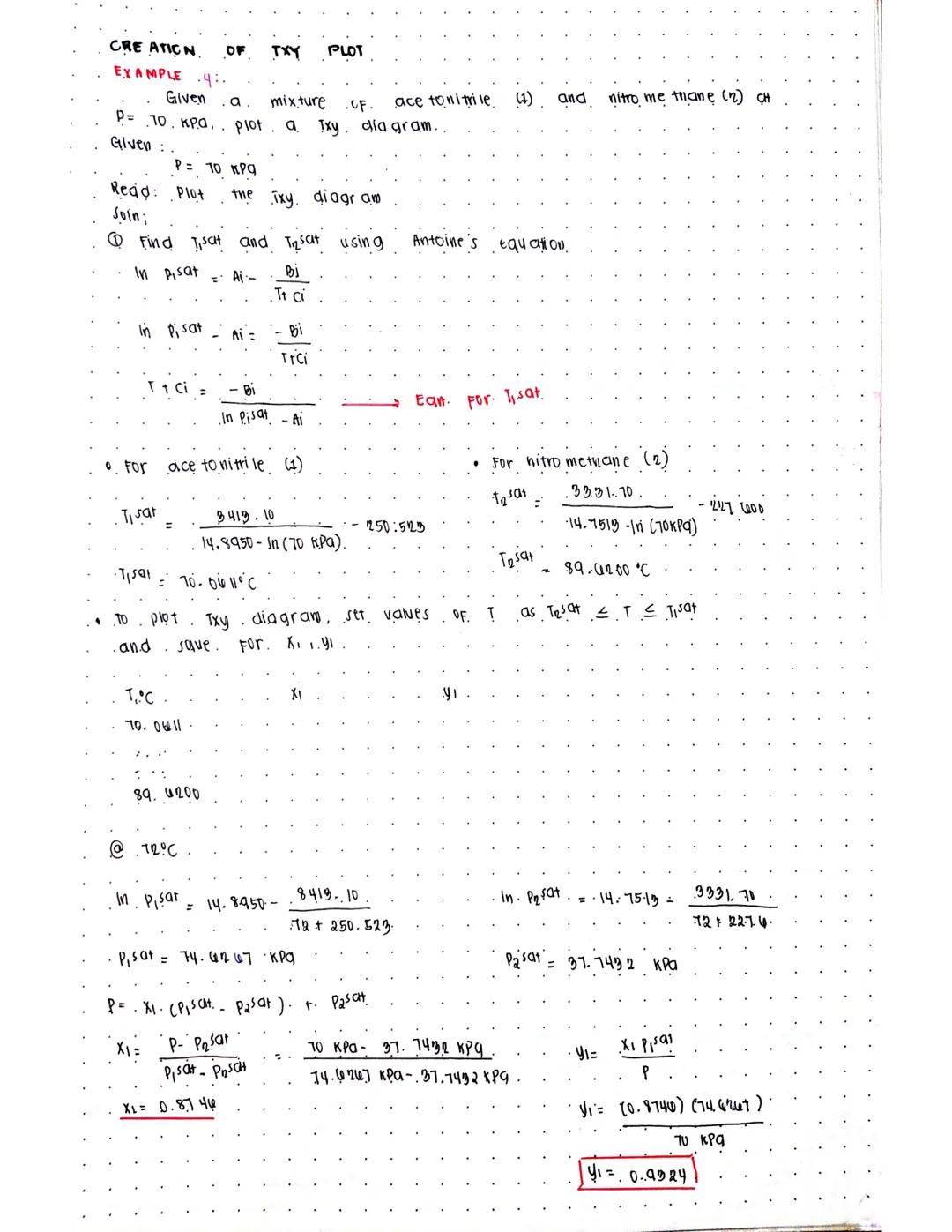 # BUBBLE T CALCULATIONS

EXAMPLE 3.

Consider an ideal mixture of acetollitrile (4)/ nitro methane (2).
at pressure OF 70 kPa and X1=0.6. De
