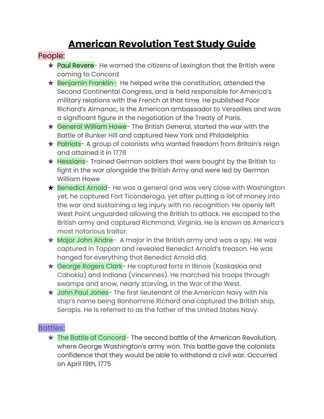 # American Revolution Study Guide

People:

★ Paul Revere- He warned the citizens of Lexington that the British were
coming to Concord

★ Be
