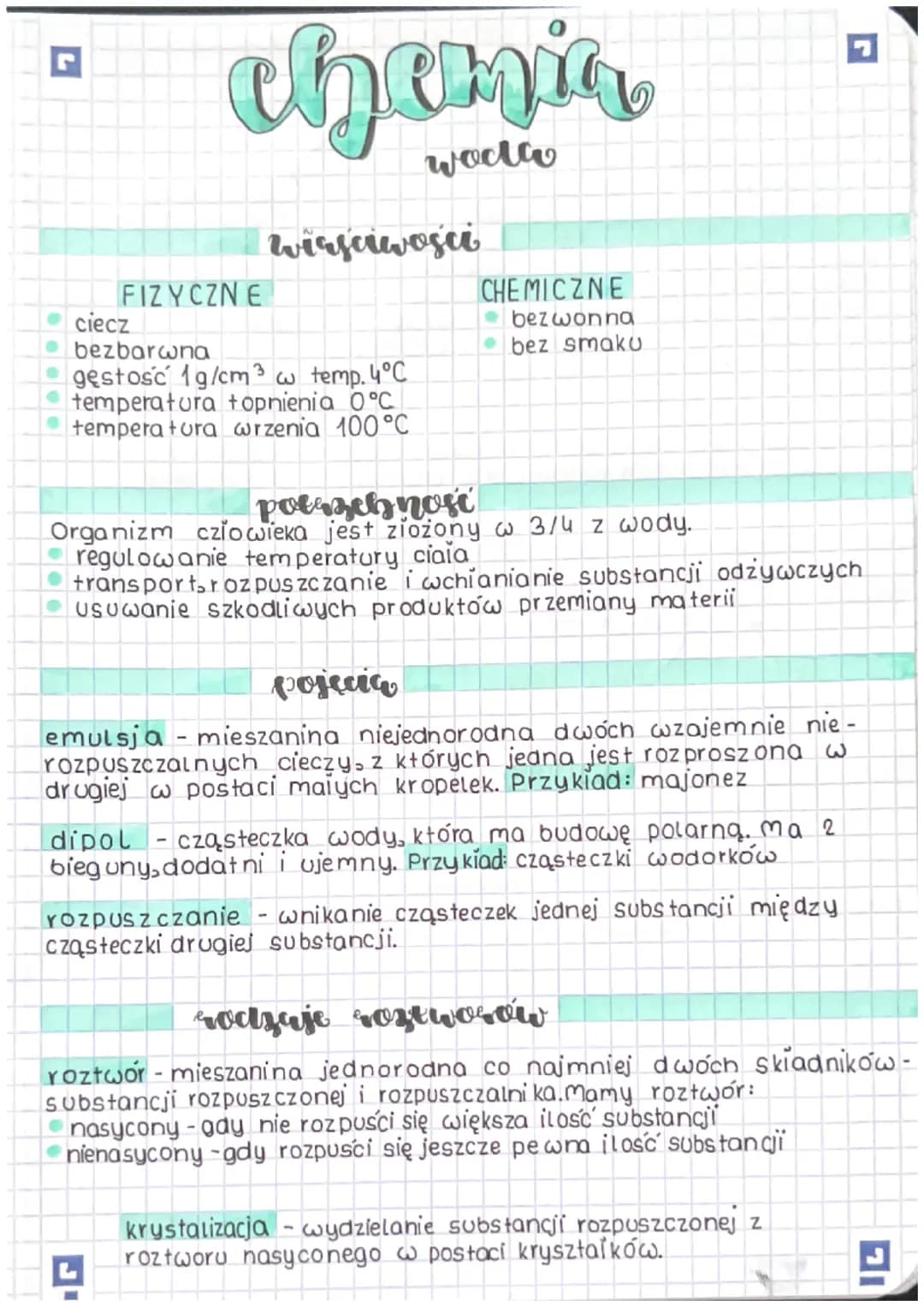 # chemia

wota

wirściwości

FIZYCZNE

CHEMICZNE

*   ciecz
*   bezwonna
*   bezbarwna
*   bez smaku.
*   gęstość 1g/cm³ w temp. 4°C
*   tem