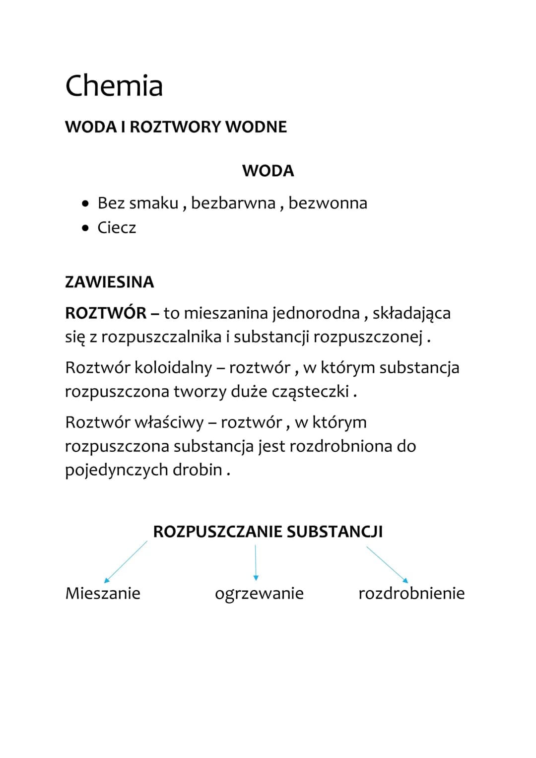# Chemia

WODA I ROZTWORY WODNE

WODA

- Bez smaku, bezbarwna, bezwonna
- Ciecz

ZAWIESINA

ROZTWÓR - to mieszanina jednorodna, składająca
s