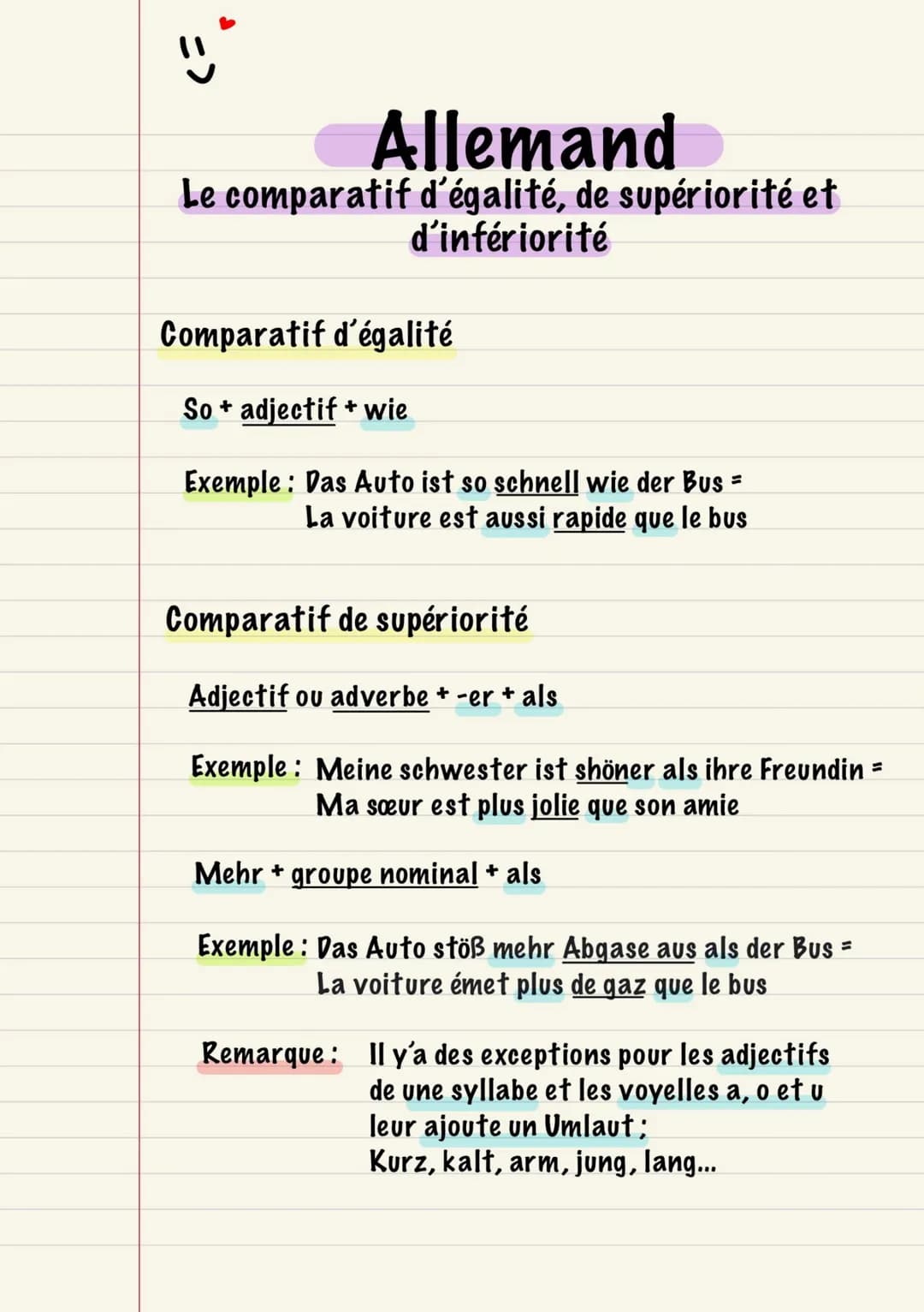 # Allemand
Le comparatif d'égalité, de supériorité et
d'infériorité

Comparatif d'égalité

So + adjectif + wie

Exemple: Das Auto ist so sch