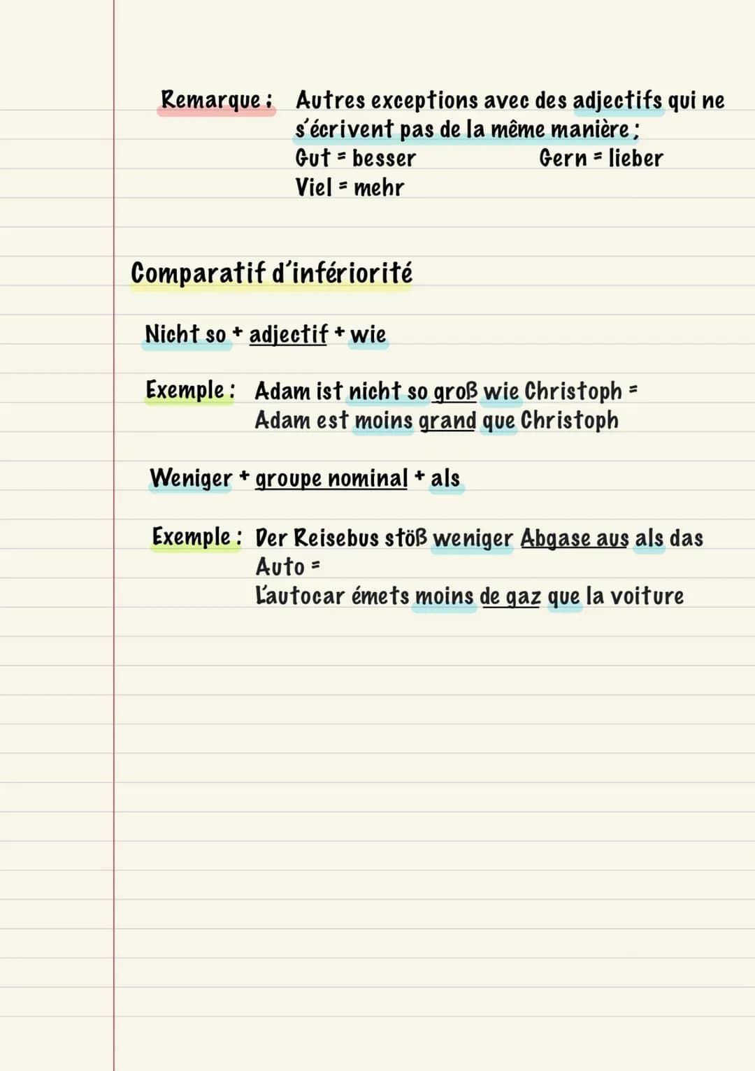# Allemand
Le comparatif d'égalité, de supériorité et
d'infériorité

Comparatif d'égalité

So + adjectif + wie

Exemple: Das Auto ist so sch