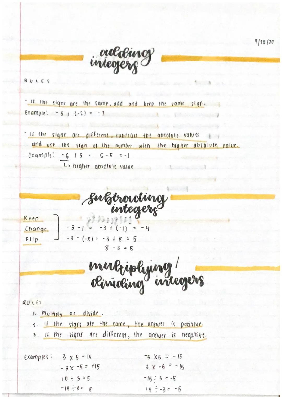 # adding
integerS

RULES

*   If the signs are the same, add and keep the same sign.

Example: 5+ (-2) = -1

*   If the signs are different,