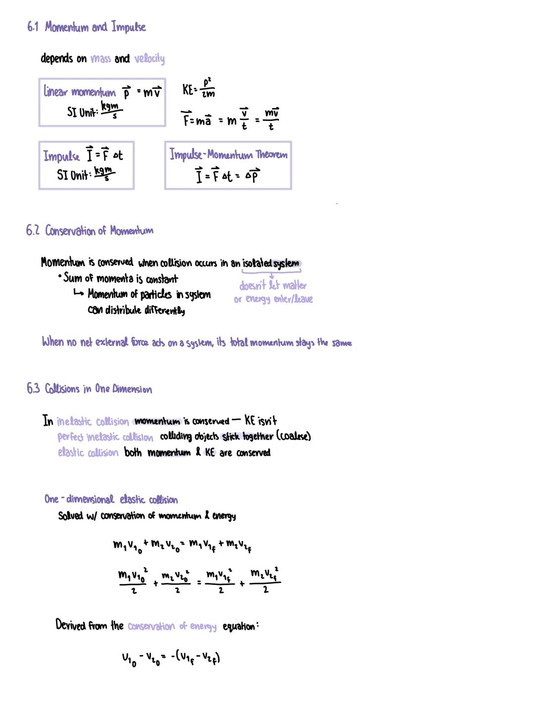 6.1 Momentum and Impulse

depends on mass and velocity

Linear momentum $\vec{p} = m\vec{v}$
SI Unit: $\frac{kgm}{s}$

$KE = \frac{p^2}{2m}$
