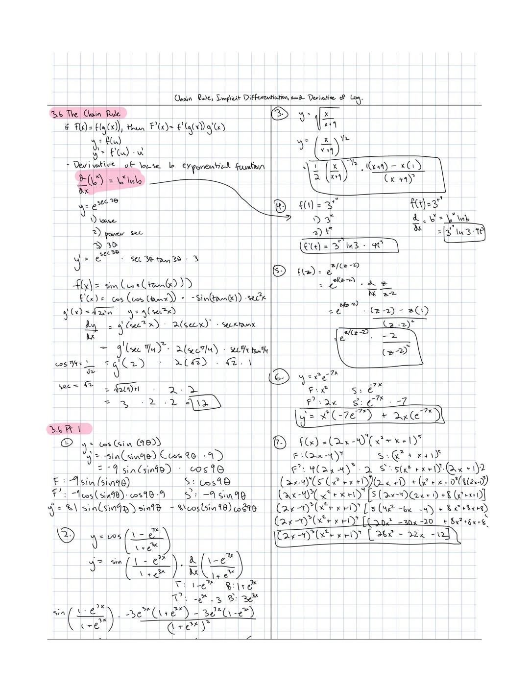 # 3.6 The Chain Rule
Chain Rule, Implicit Differentiation, and Derivative of Log.
if F(x) = f(g(x)), then F(x) = f'(g(x)) g'(x)
y = f(u)
y=f