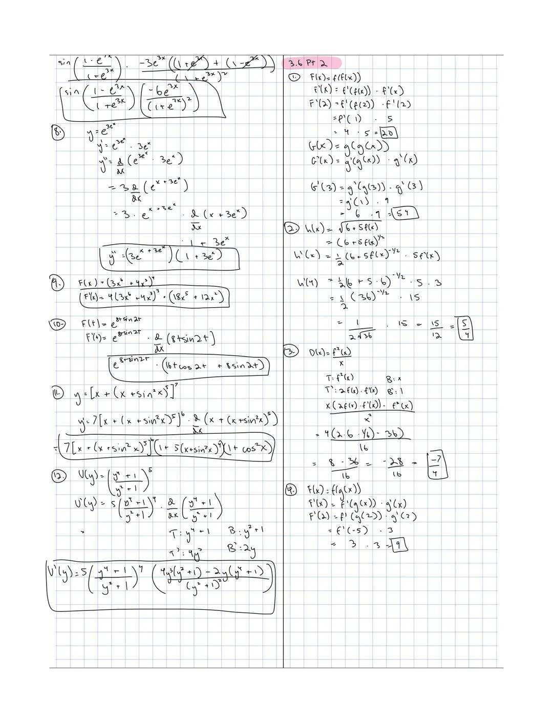 # 3.6 The Chain Rule
Chain Rule, Implicit Differentiation, and Derivative of Log.
if F(x) = f(g(x)), then F(x) = f'(g(x)) g'(x)
y = f(u)
y=f